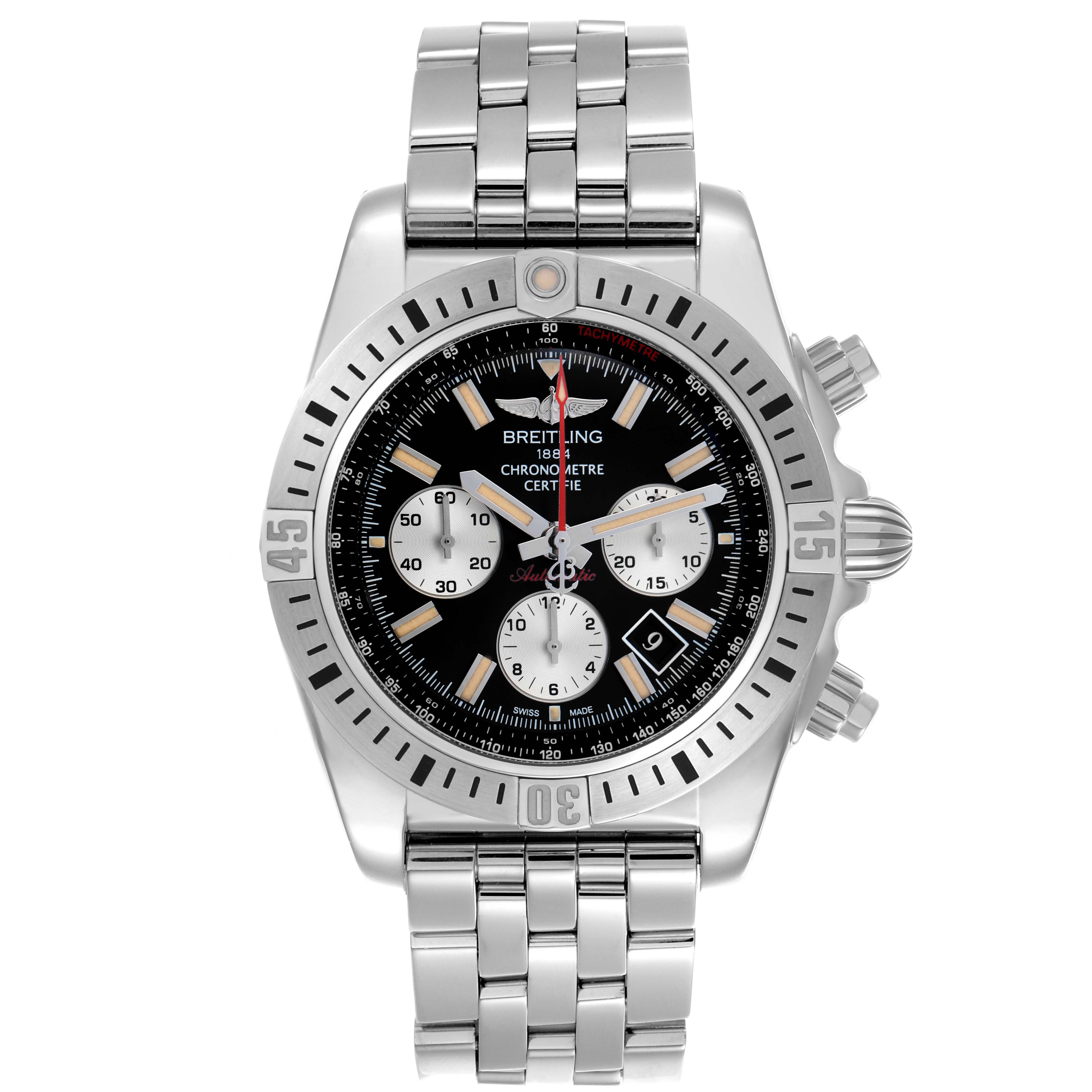 The Breitling Chronomat AB01154G/BD13 Men's Stainless Steel Black Dial watch is shown from a front angle, highlighting the dial, bezel, and bracelet.