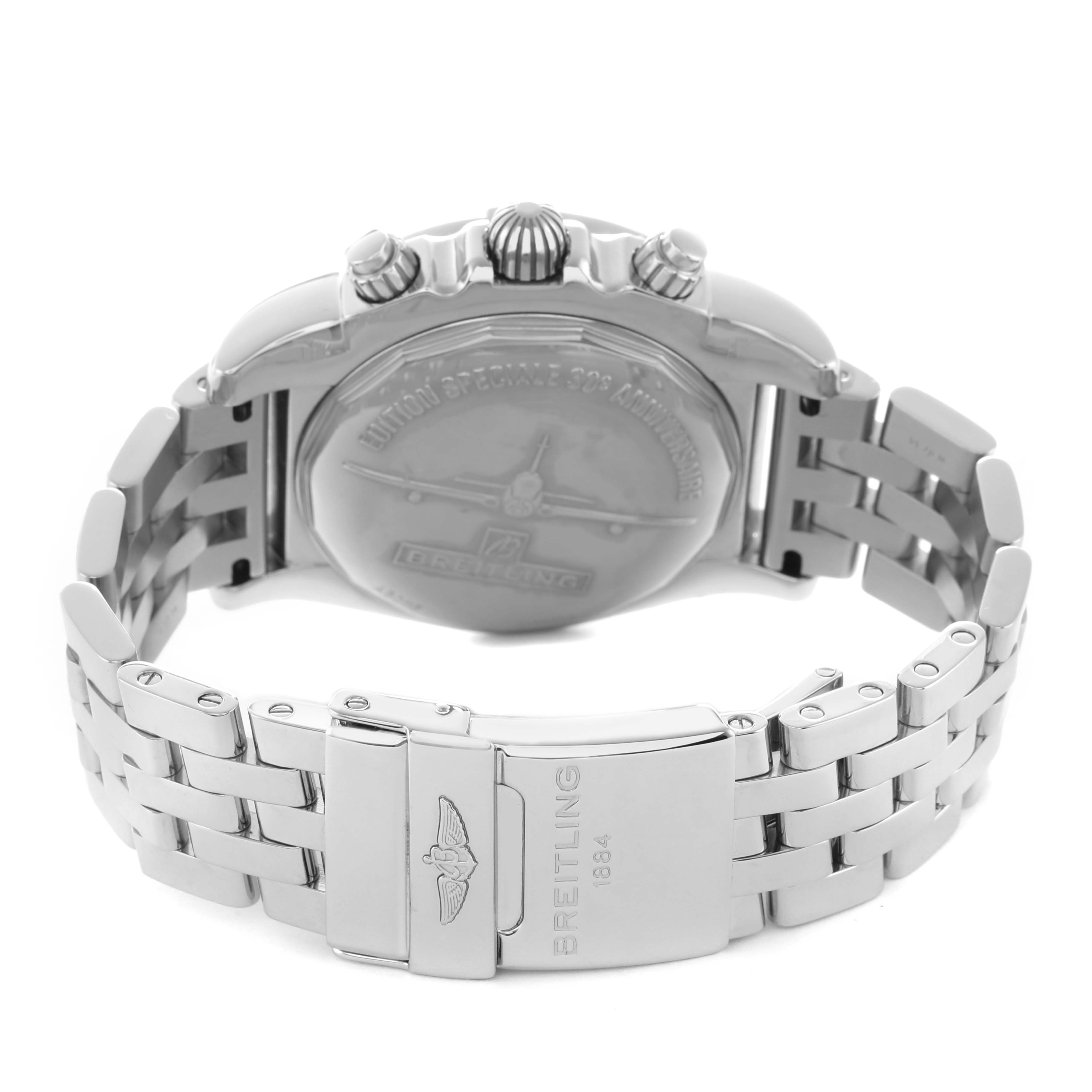 The image shows the back and clasp of a Breitling Chronomat AB01154G/BD13 Men's Stainless Steel Black Dial, displaying the case back, crown, pushers, and bracelet.