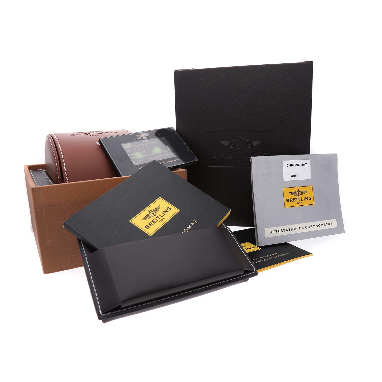 The image shows accessories for the Breitling Chronomat AB01154G/BD13 Men's Stainless Steel Black Dial, including a box, case, booklets, and warranty cards.
