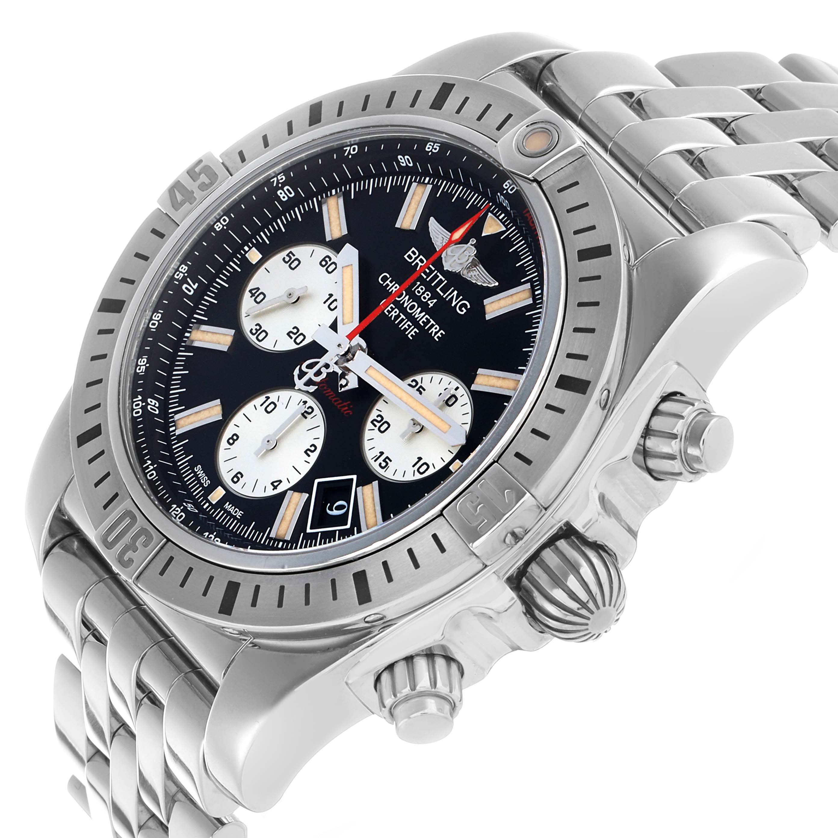 The Breitling Chronomat AB01154G/BD13 Men's Stainless Steel Black Dial watch is shown at an angle that highlights its bezel, dial, chronograph subdials, and bracelet.