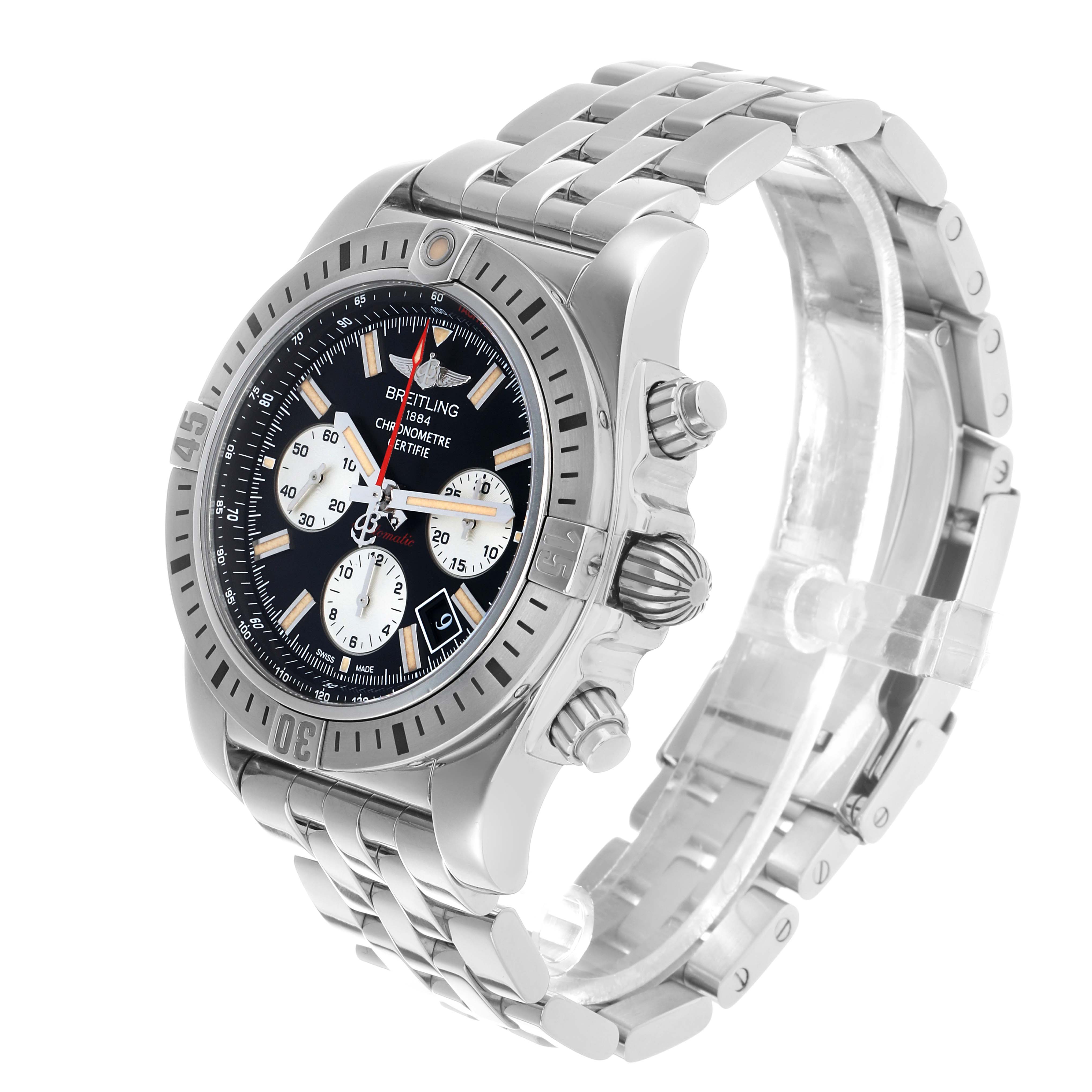 The Breitling Chronomat AB01154G/BD13 Men's Stainless Steel Black Dial is shown at a three-quarter angle, displaying the front dial, bezel, crown, pushers, and part of the bracelet.