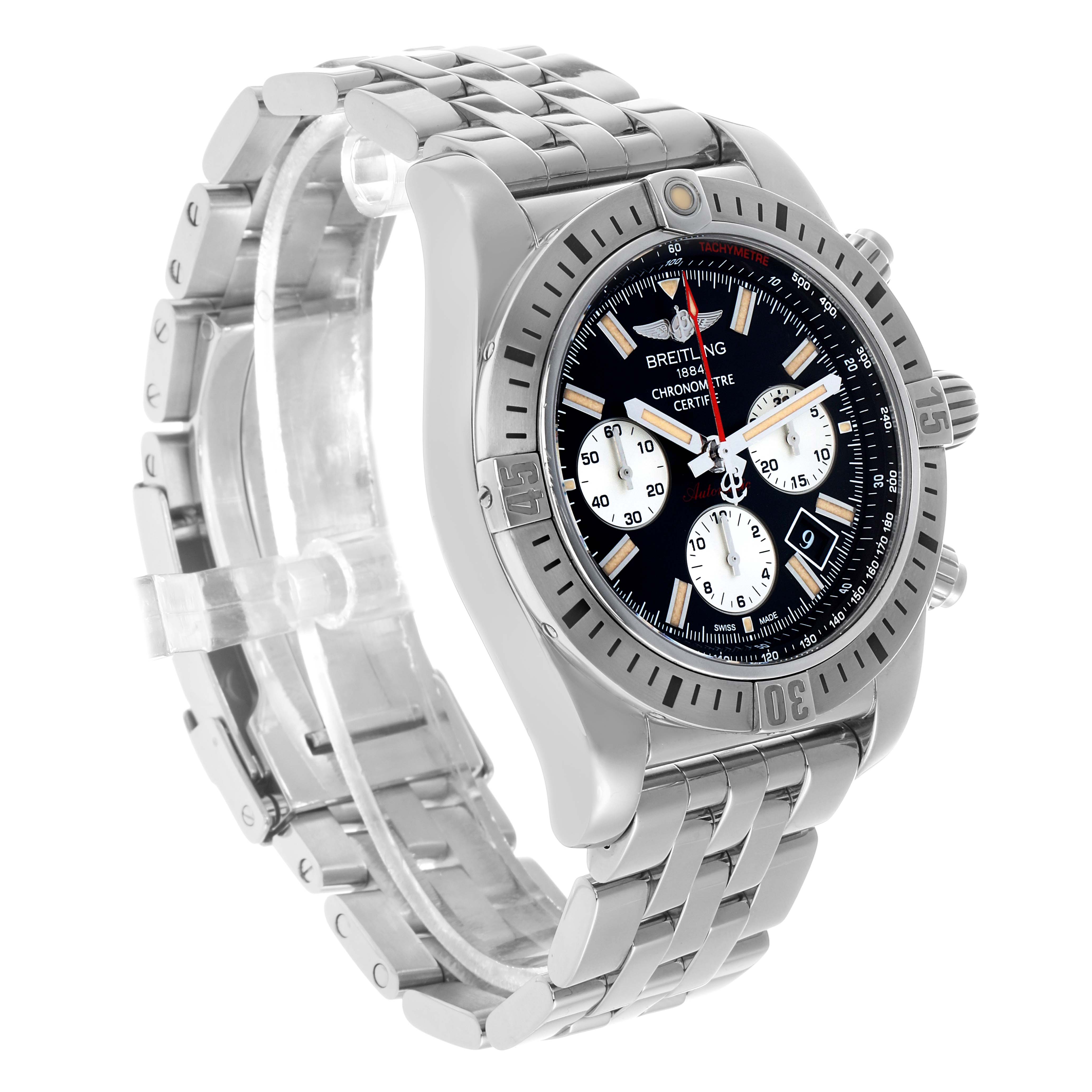 The Breitling Chronomat AB01154G/BD13 Men's Stainless Steel Black Dial watch is shown from a three-quarter angle, displaying its bezel, dial, crown, and metal bracelet.