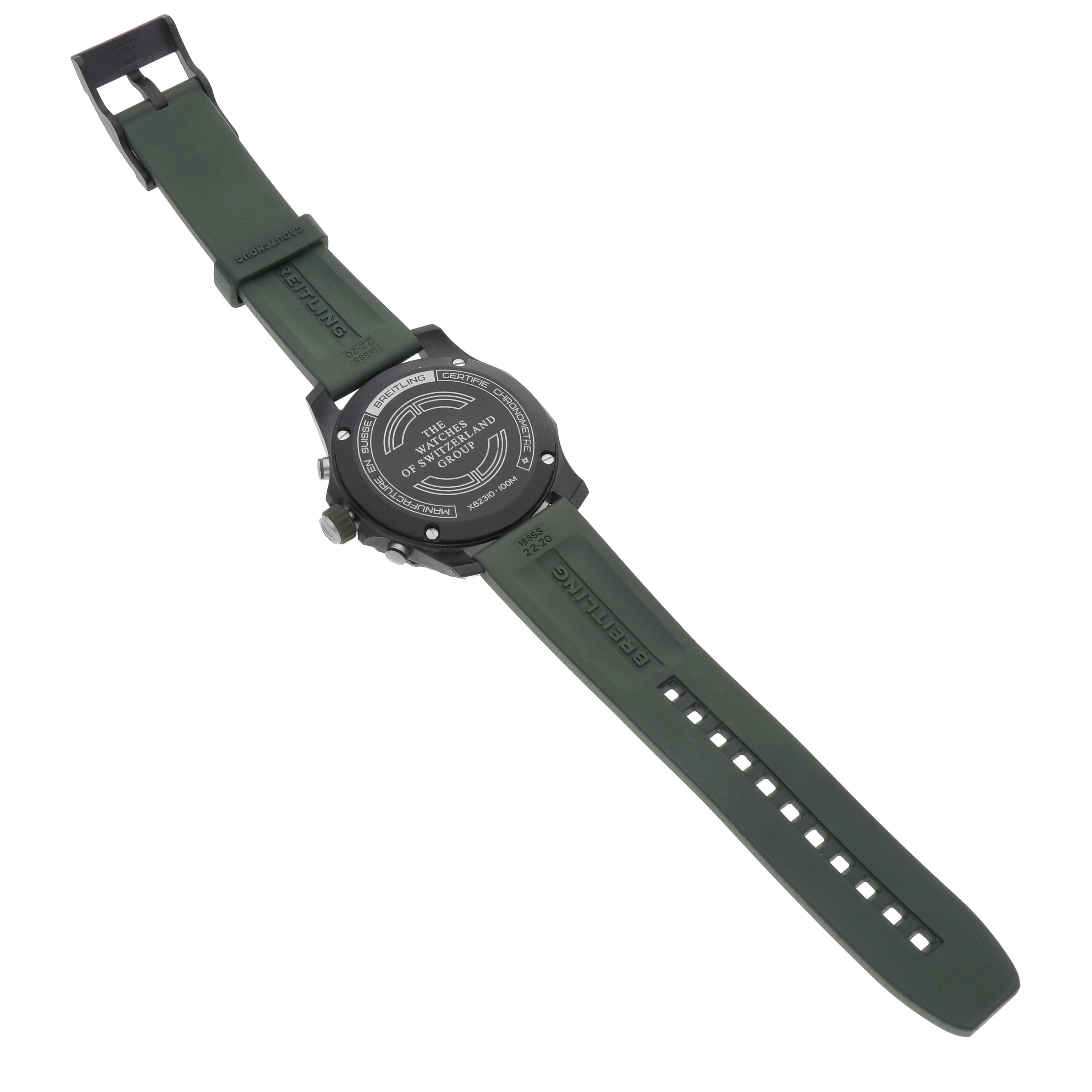 The image shows the back view of a Breitling Professional Series X82310 Men's Titanium Green Dial X82310 Men's Titanium Green Dial watch with a green strap.