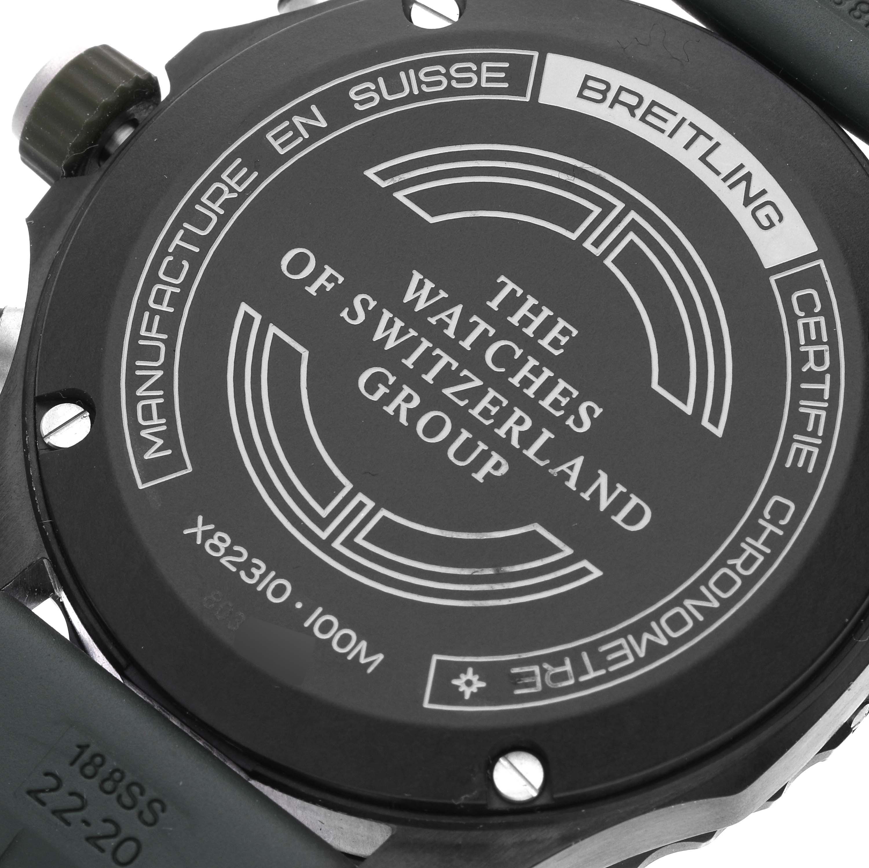 This is a rear view showing the case back of the Breitling Professional Series X82310 Men's Titanium Green Dial X82310 Men's Titanium Green Dial watch and part of the strap.