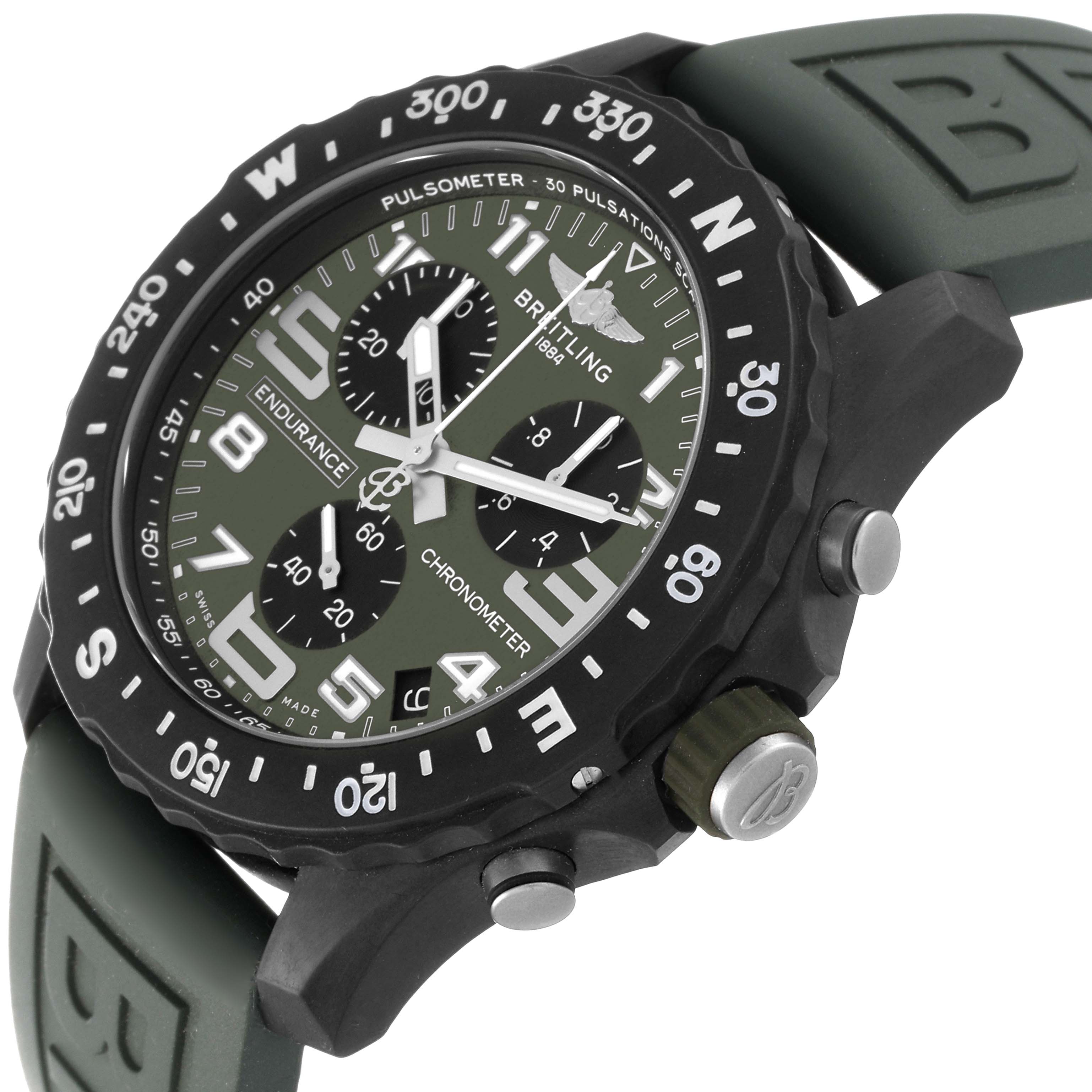 The Breitling Professional Series X82310 Men's Titanium Green Dial X82310 Men's Titanium Green Dial watch is shown at an angle highlighting the face, crown, and part of the strap.