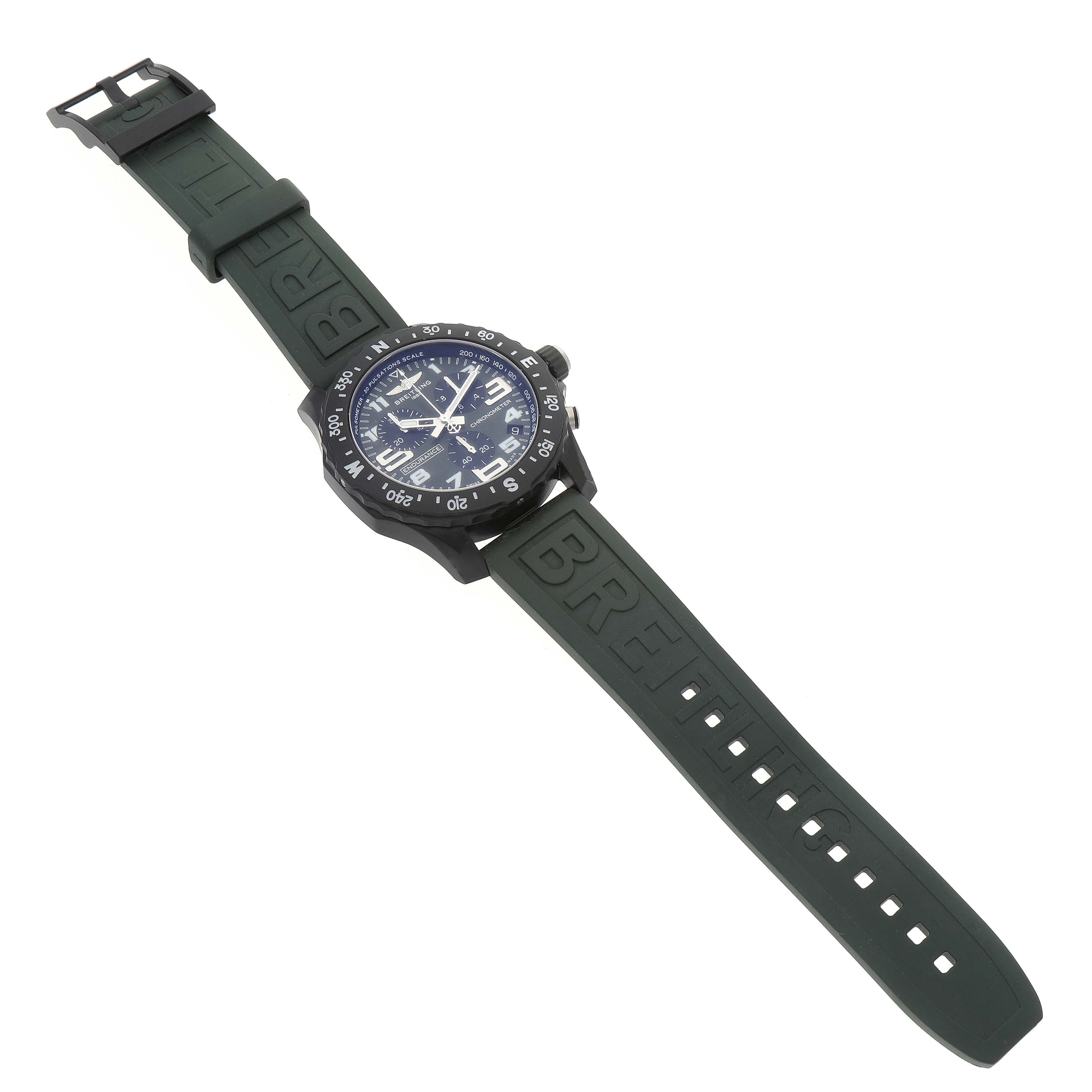 The image shows a Breitling Professional Series X82310 Men's Titanium Green Dial X82310 Men's Titanium Green Dial watch from an angled top view, highlighting its face, bezel, and green rubber strap.