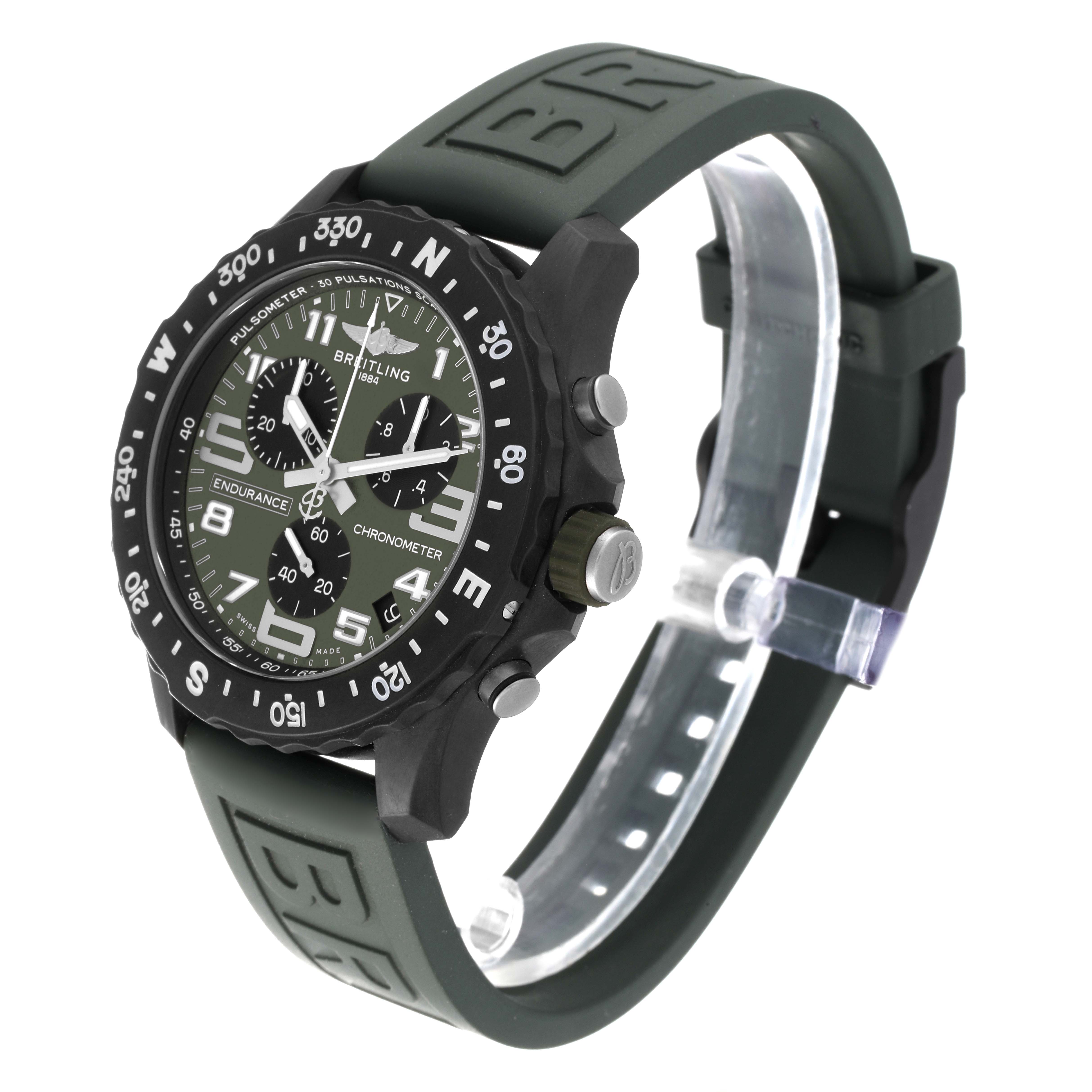 This image shows a side-front angle view of a Breitling Professional Series X82310 Men's Titanium Green Dial X82310 Men's Titanium Green Dial watch, showcasing the dial, bezel, and strap.