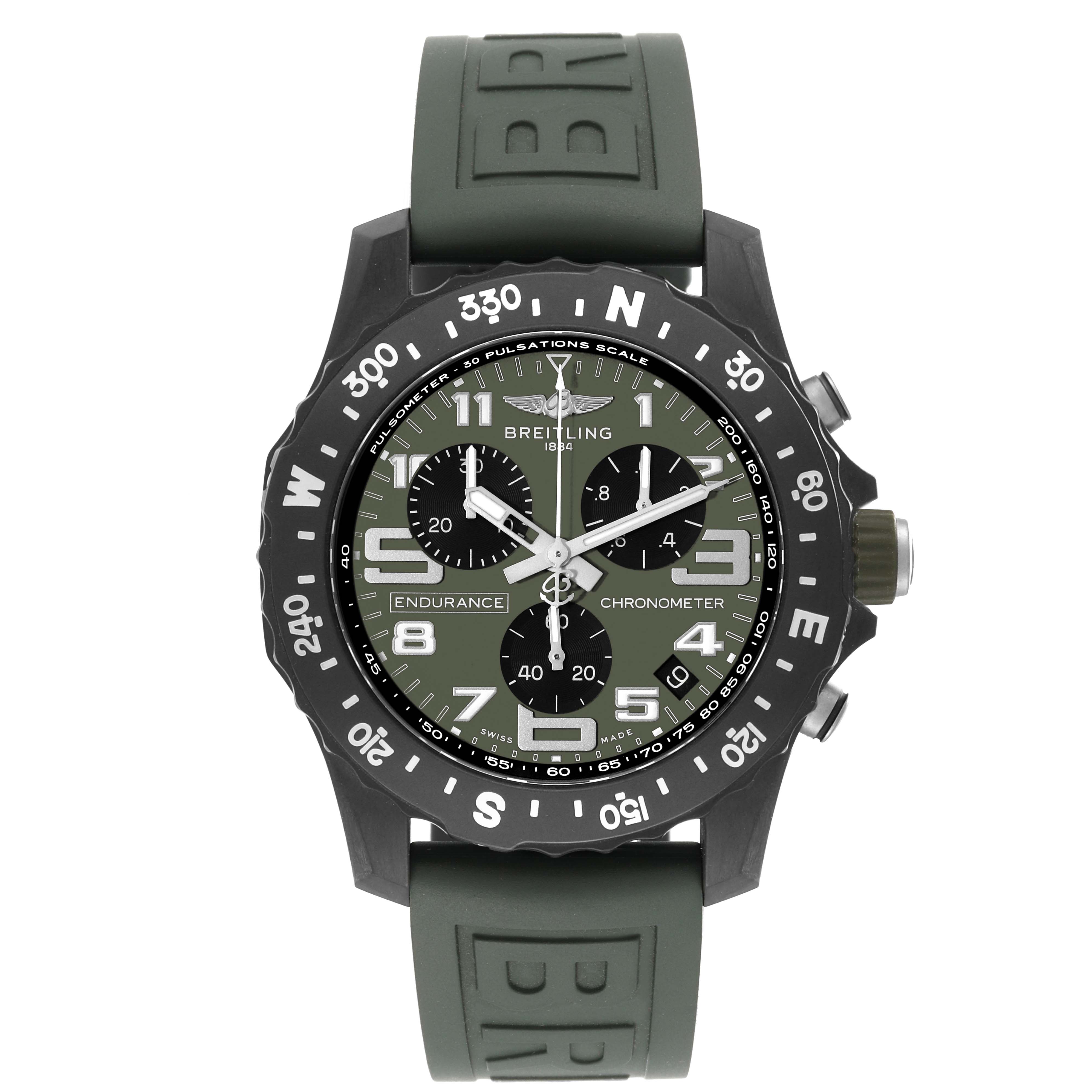 This image shows a front view of a Breitling Professional Series X82310 Men's Titanium Green Dial X82310 Men's Titanium Green Dial Endurance chronometer with a green strap and black bezel.
