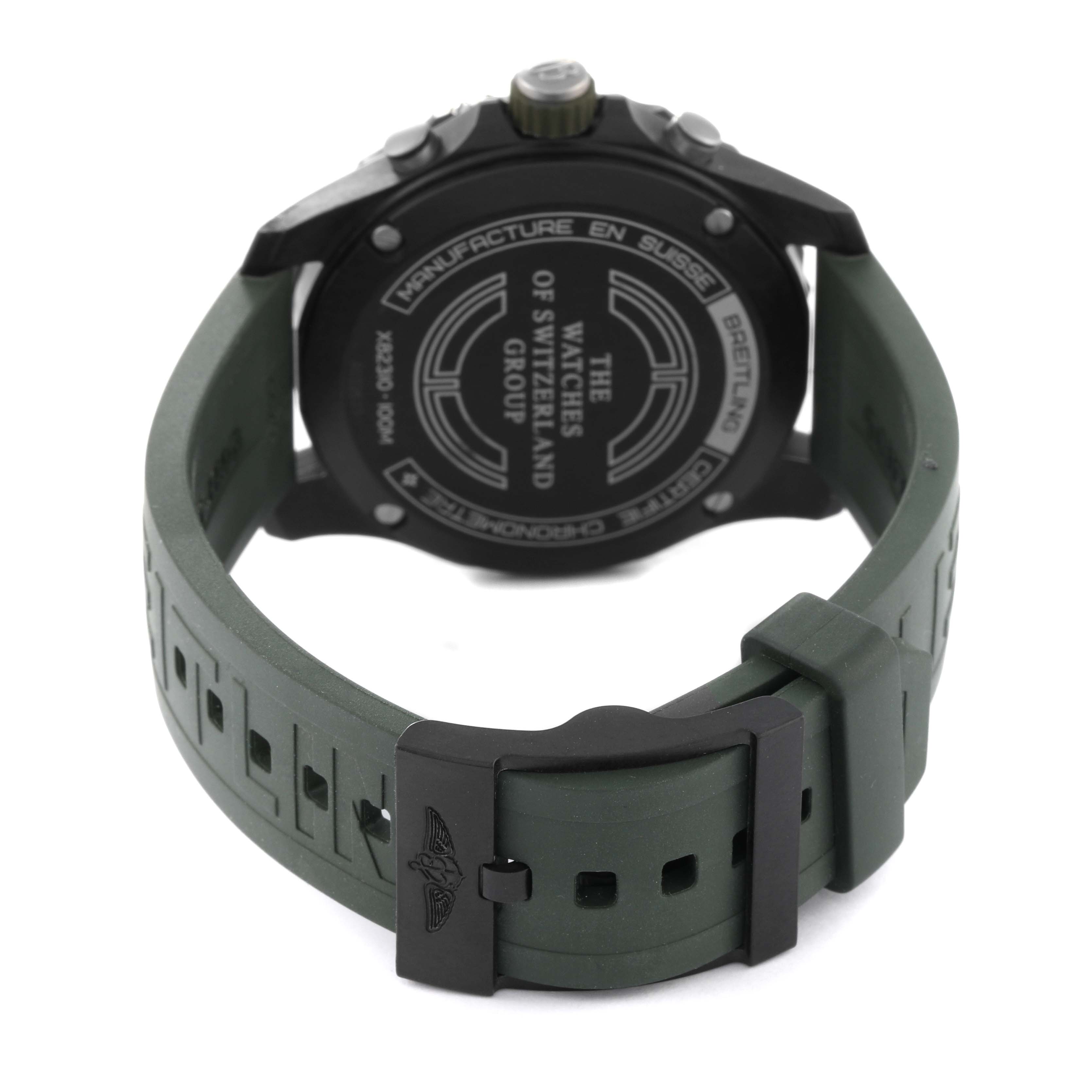 The image shows the back view of a Breitling Professional Series X82310 Men's Titanium Green Dial X82310 Men's Titanium Green Dial watch, focusing on the case back and green rubber strap.