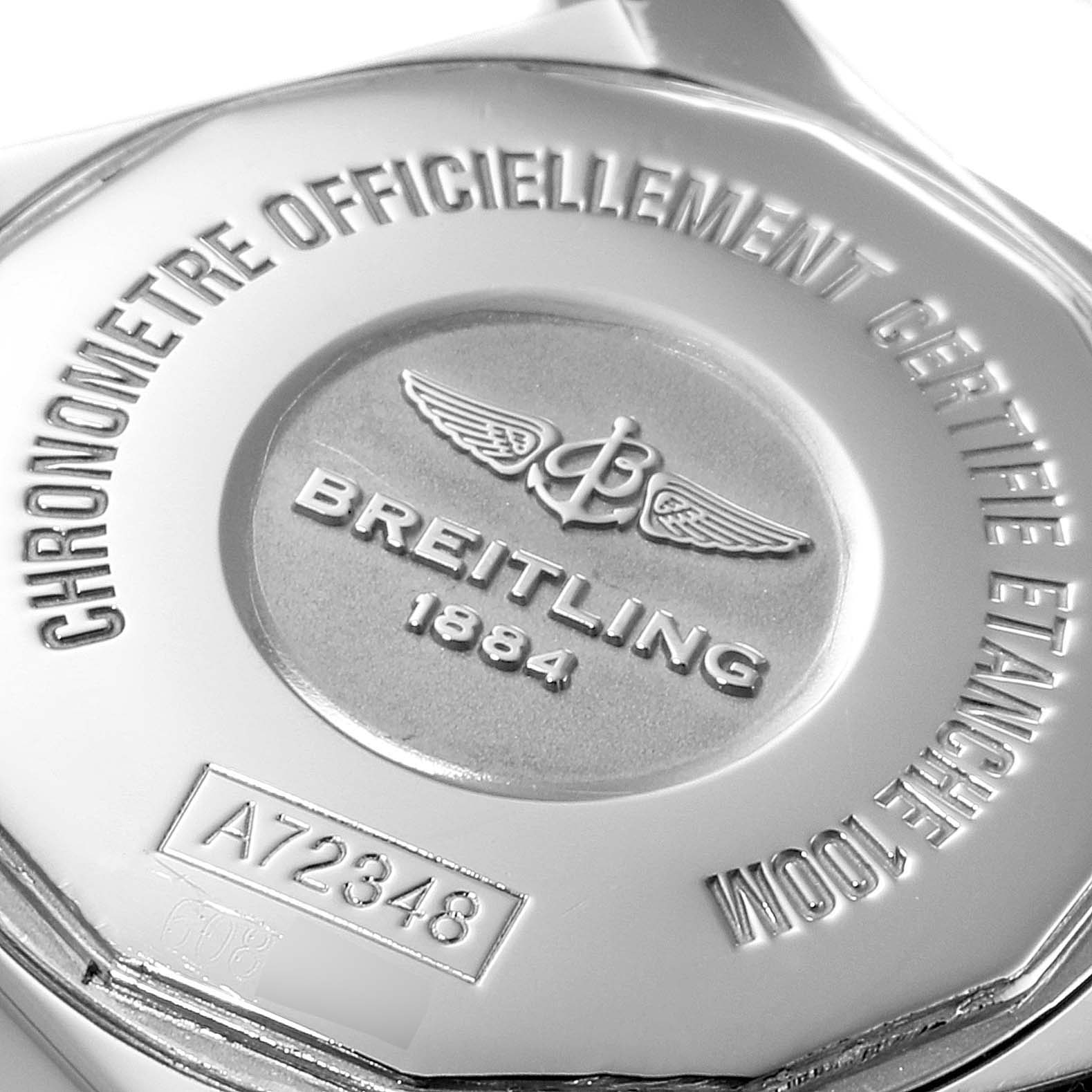 The image shows a close-up of the back case of a Breitling A7234853/A785/791A Women's Stainless Steel Mother of Pearl Dial A7234853/A785/791A Women's Stainless Steel Mother of Pearl Dial Galactic 29 MOP Diamond Steel Ladies Watch A72348.