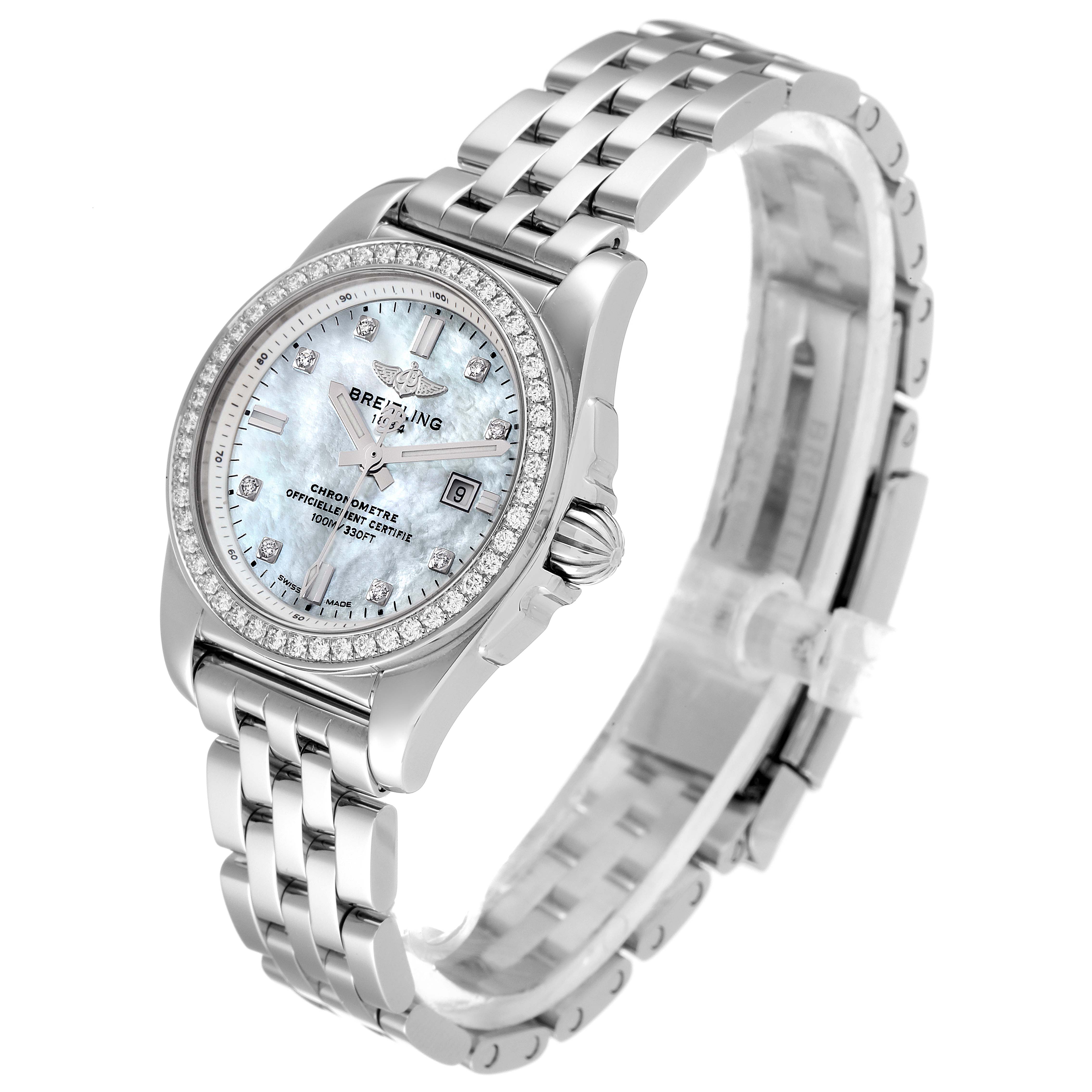 The Breitling A7234853/A785/791A Women's Stainless Steel Mother of Pearl Dial A7234853/A785/791A Women's Stainless Steel Mother of Pearl Dial Galactic 29 MOP Diamond Steel Ladies Watch A72348 is shown at a three-quarter angle, displaying the face, bezel, and bracelet.