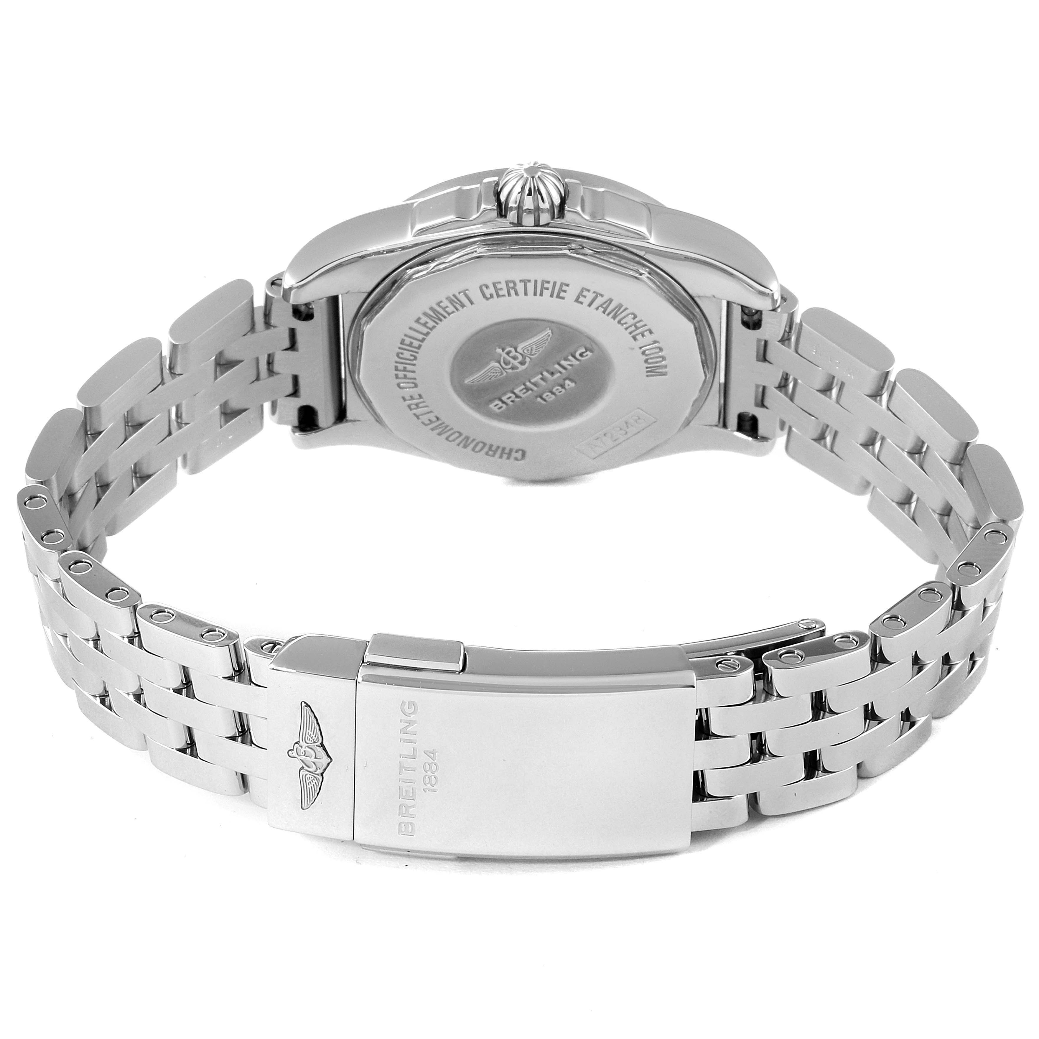 The image shows the back and bracelet of the Breitling A7234853/A785/791A Women's Stainless Steel Mother of Pearl Dial A7234853/A785/791A Women's Stainless Steel Mother of Pearl Dial Galactic 29 MOP Diamond Steel Ladies Watch A72348 Card model, focusing on the clasp and case back.