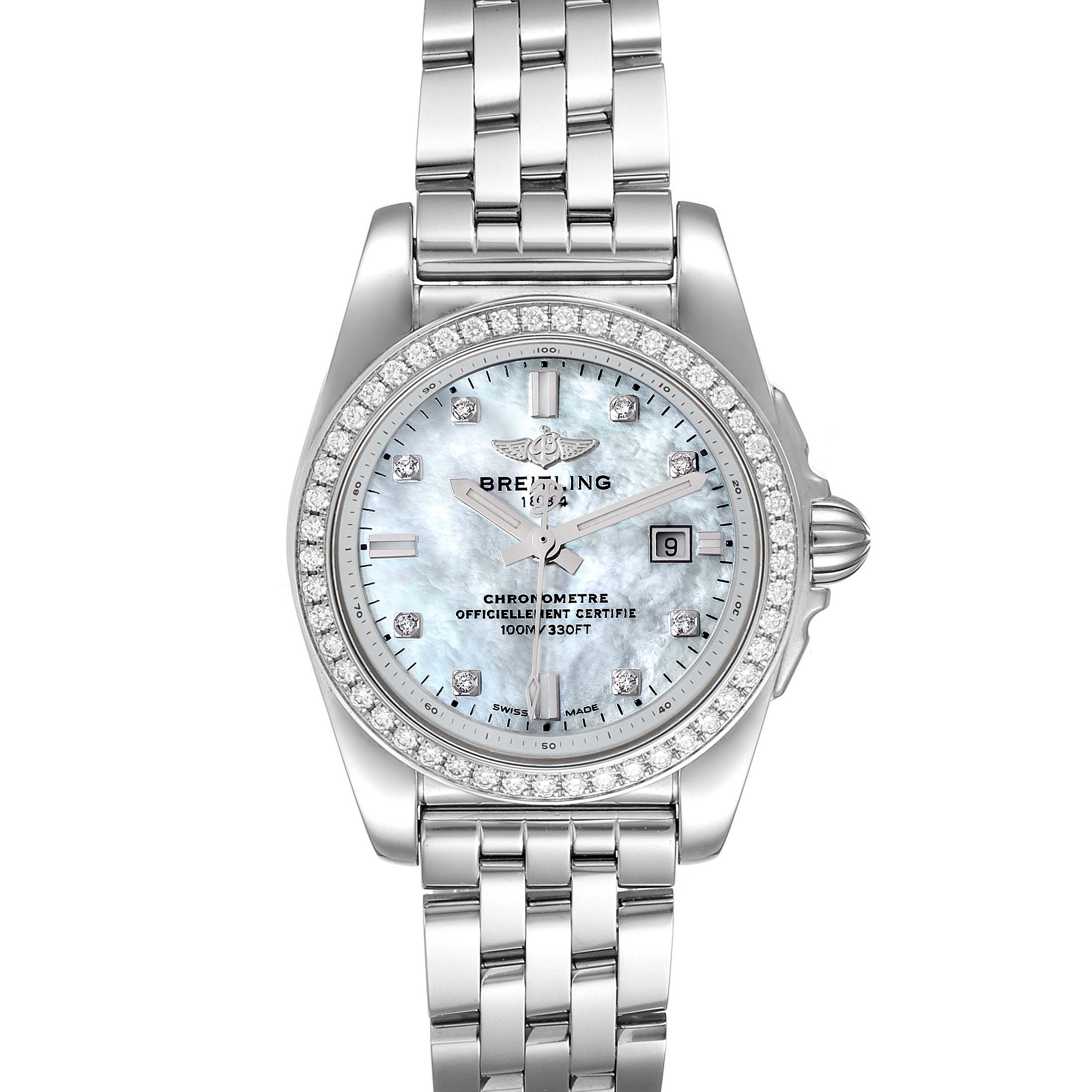 The Breitling A7234853/A785/791A Women's Stainless Steel Mother of Pearl Dial A7234853/A785/791A Women's Stainless Steel Mother of Pearl Dial Galactic 29 MOP Diamond Steel Ladies Watch A72348 Card model is shown from a front angle highlighting its face and bracelet.