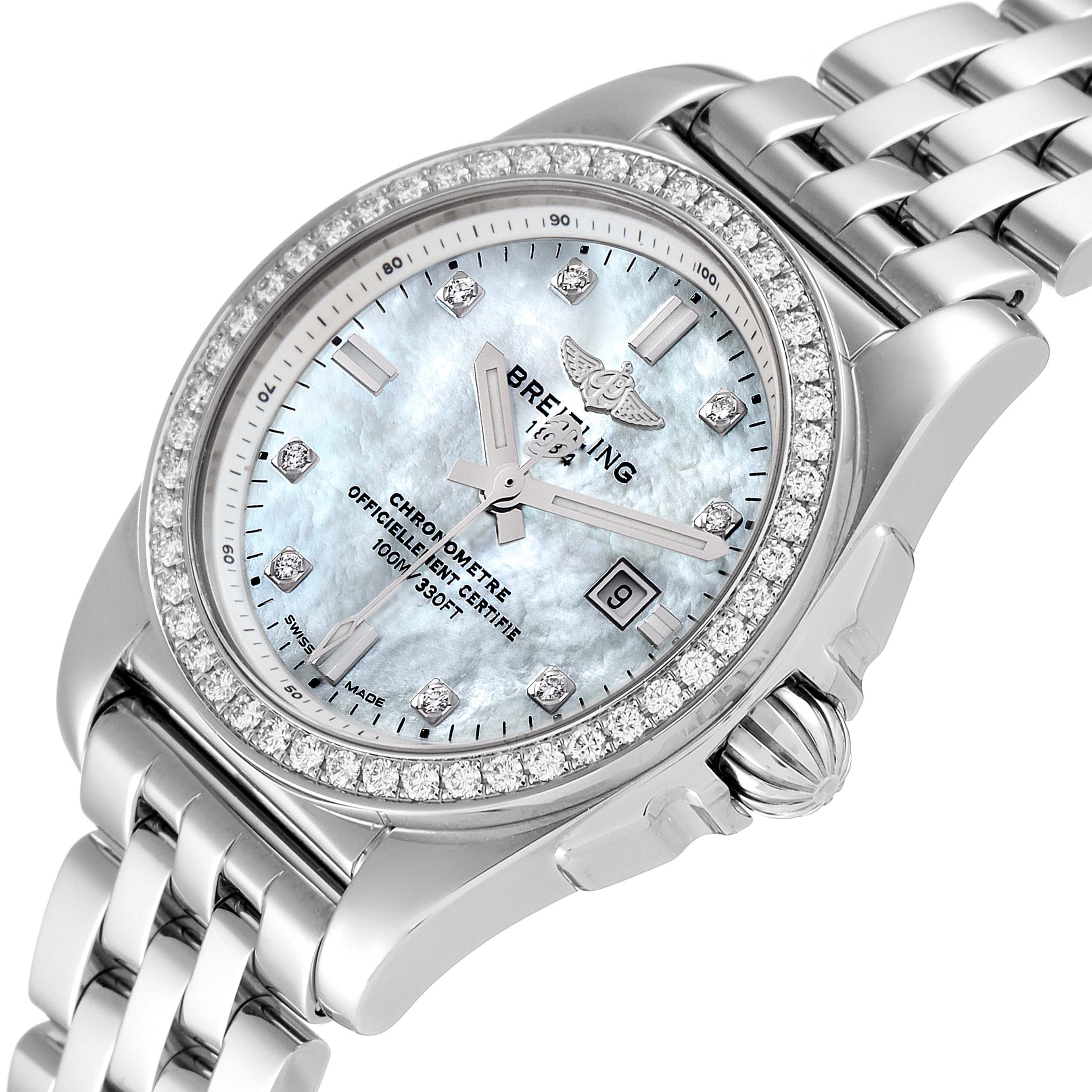 The Breitling A7234853/A785/791A Women's Stainless Steel Mother of Pearl Dial A7234853/A785/791A Women's Stainless Steel Mother of Pearl Dial Galactic 29 MOP Diamond Steel Ladies Watch A72348 Card model is shown at an angled view, displaying its face, diamond bezel, and bracelet.