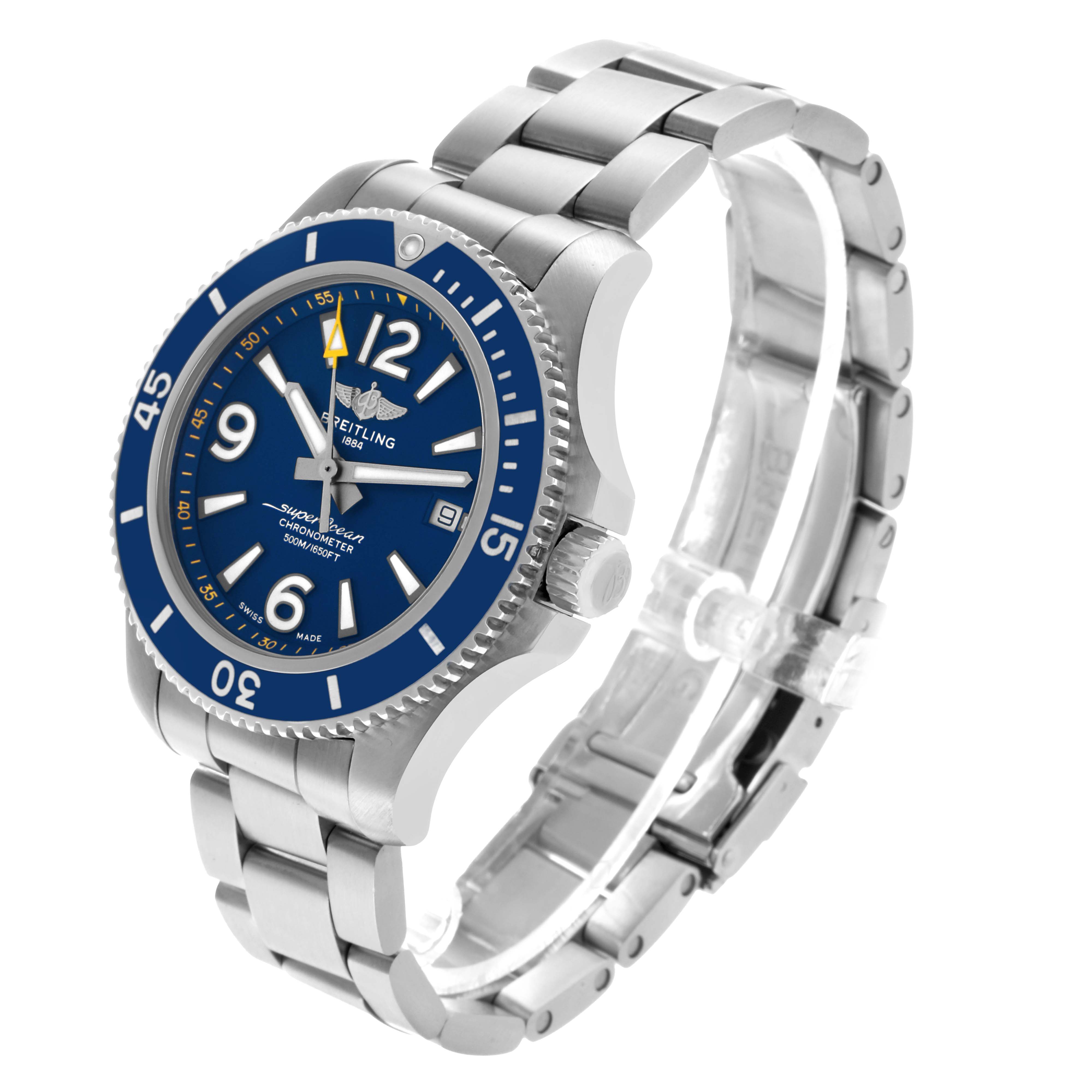 The Breitling Superocean A17366 Men's Stainless Steel Blue Dial watch is shown at a slight angle, highlighting the blue dial, rotating bezel, crown, and metal bracelet.