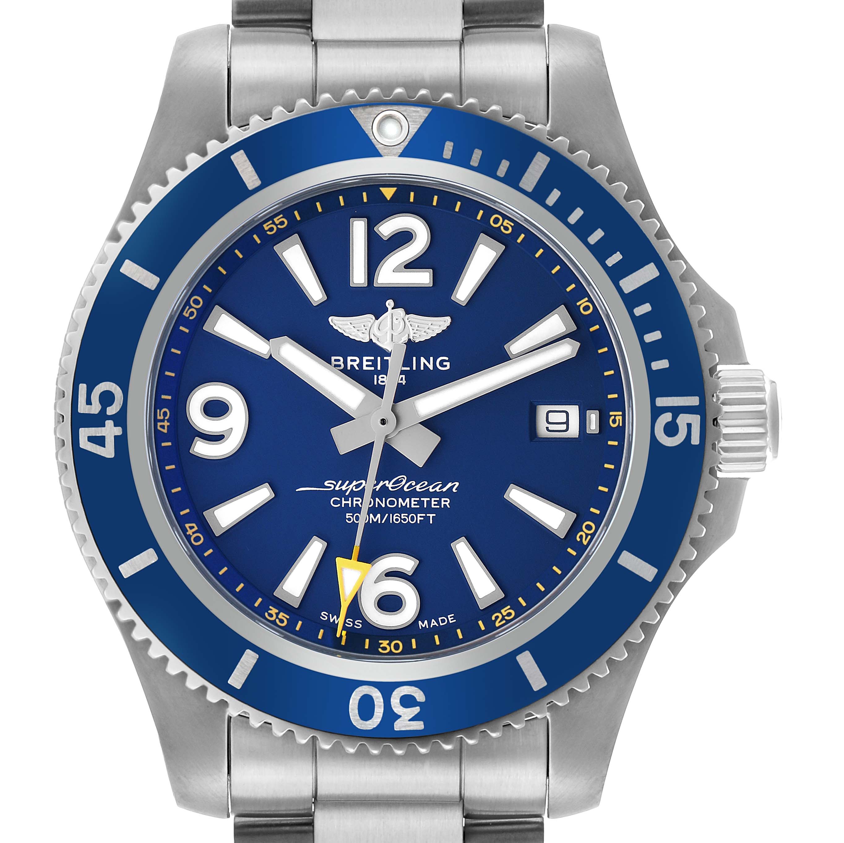 The Breitling Superocean A17366 Men's Stainless Steel Blue Dial watch is shown from a front angle, displaying the face, bezel, crown, and part of the bracelet.