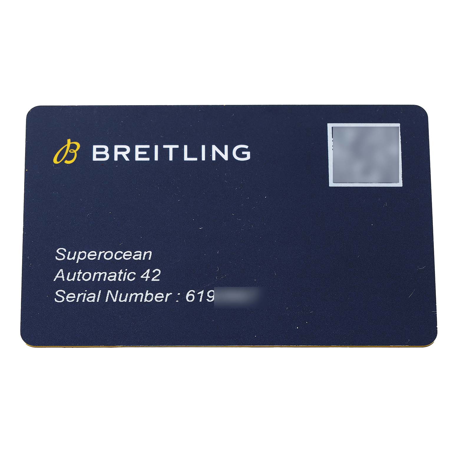 The image shows a warranty card for the Breitling Superocean A17366 Men's Stainless Steel Blue Dial Automatic 42 watch, listing the model and partial serial number.