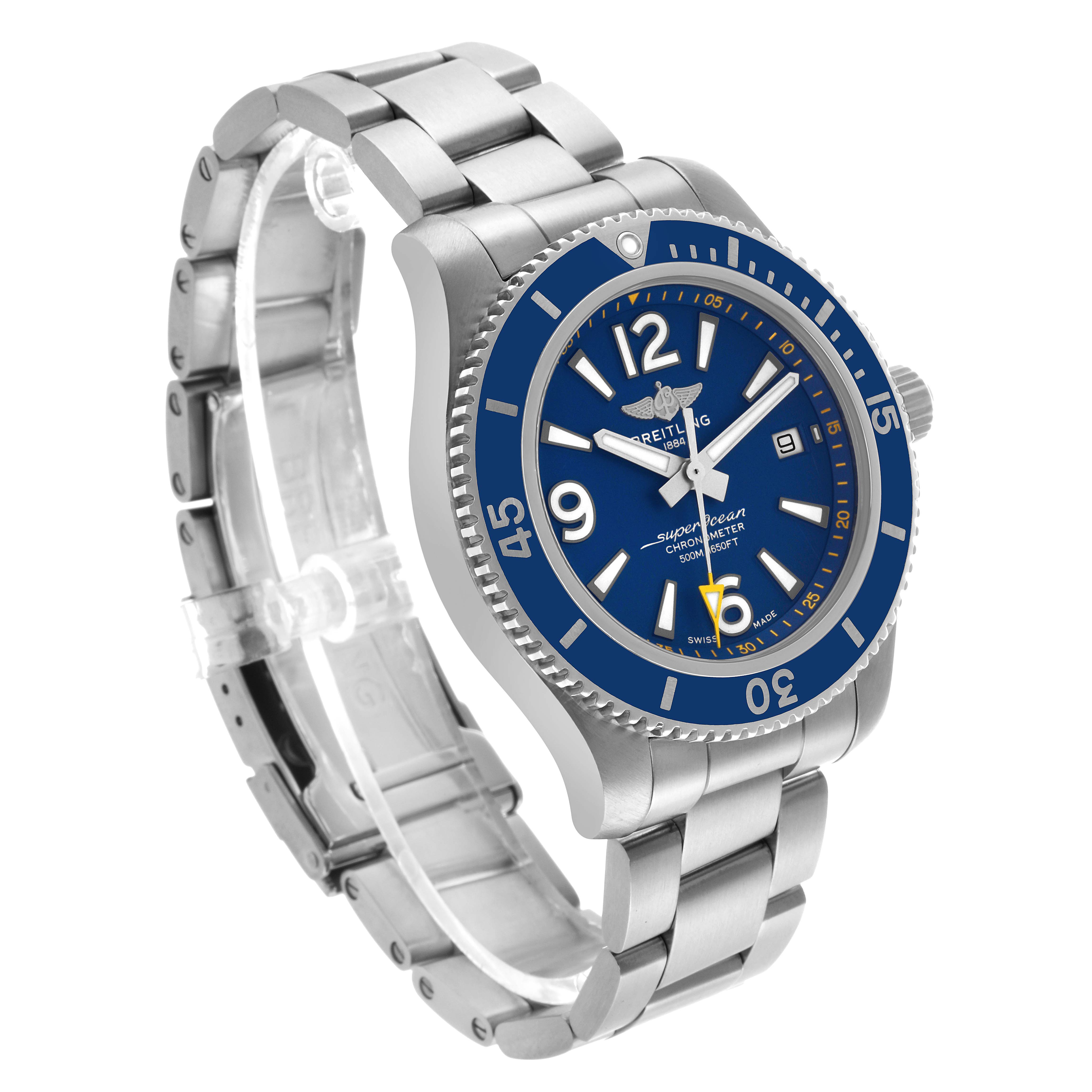 The Breitling Superocean A17366 Men's Stainless Steel Blue Dial watch is shown at a three-quarter angle, displaying its blue dial, bezel, bracelet, and crown.