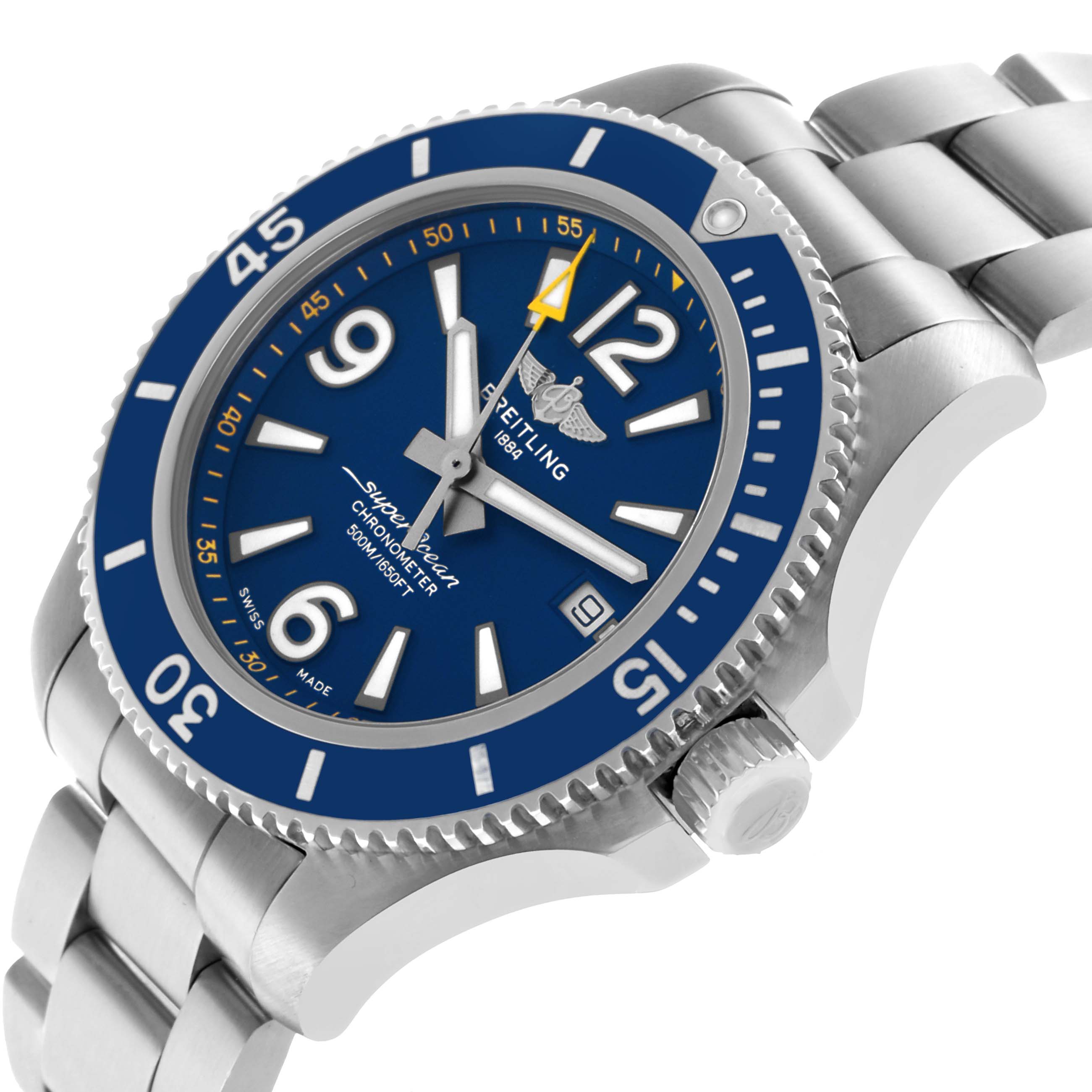 The Breitling Superocean A17366 Men's Stainless Steel Blue Dial watch is shown at a tilted angle, highlighting the blue dial, bezel, crown, and stainless steel bracelet.