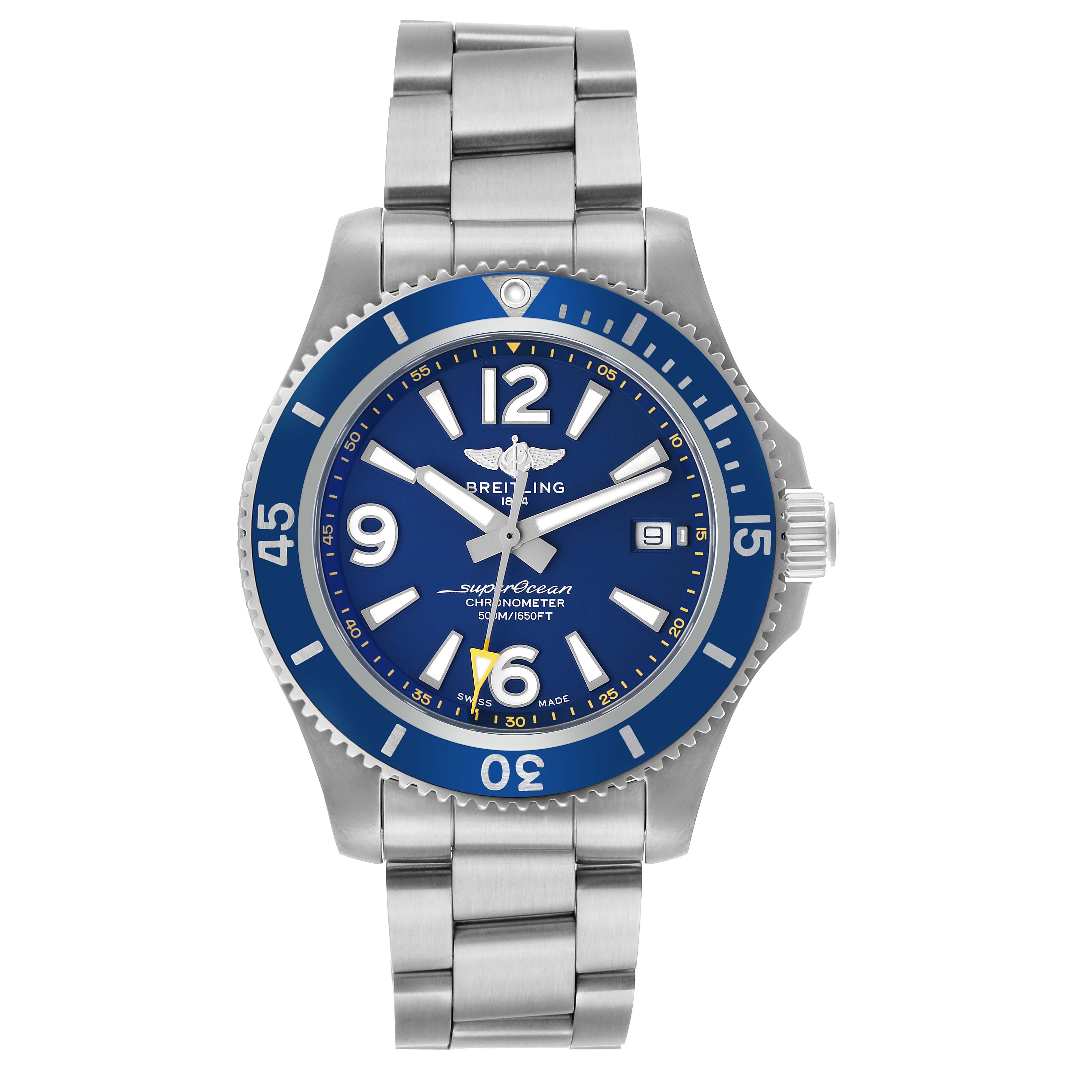 The Breitling Superocean A17366 Men's Stainless Steel Blue Dial watch is shown from a top view, highlighting the face, bezel, and metal bracelet.