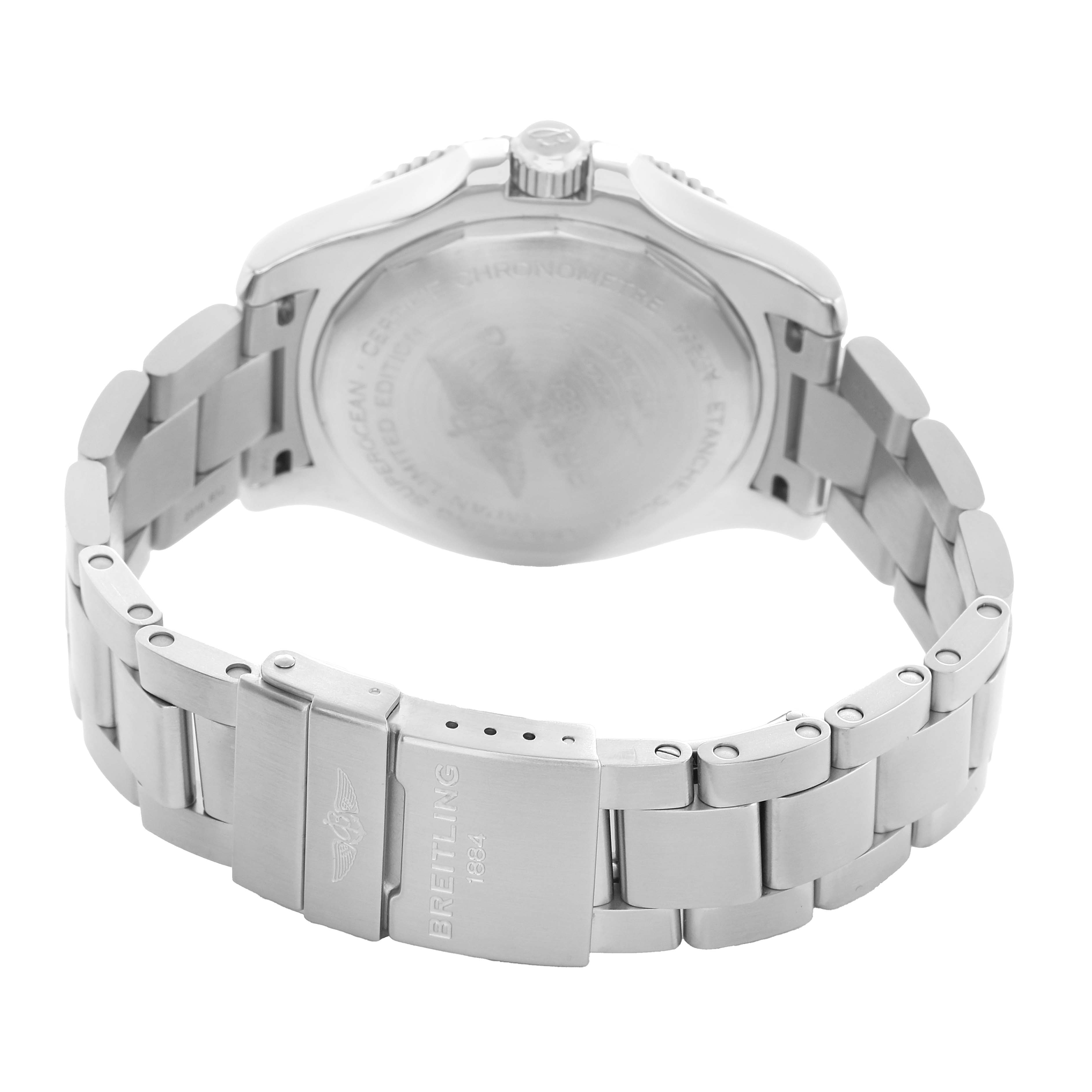 The image shows the back view of a Breitling Superocean A17366 Men's Stainless Steel Blue Dial watch, highlighting the clasp and stainless steel bracelet.