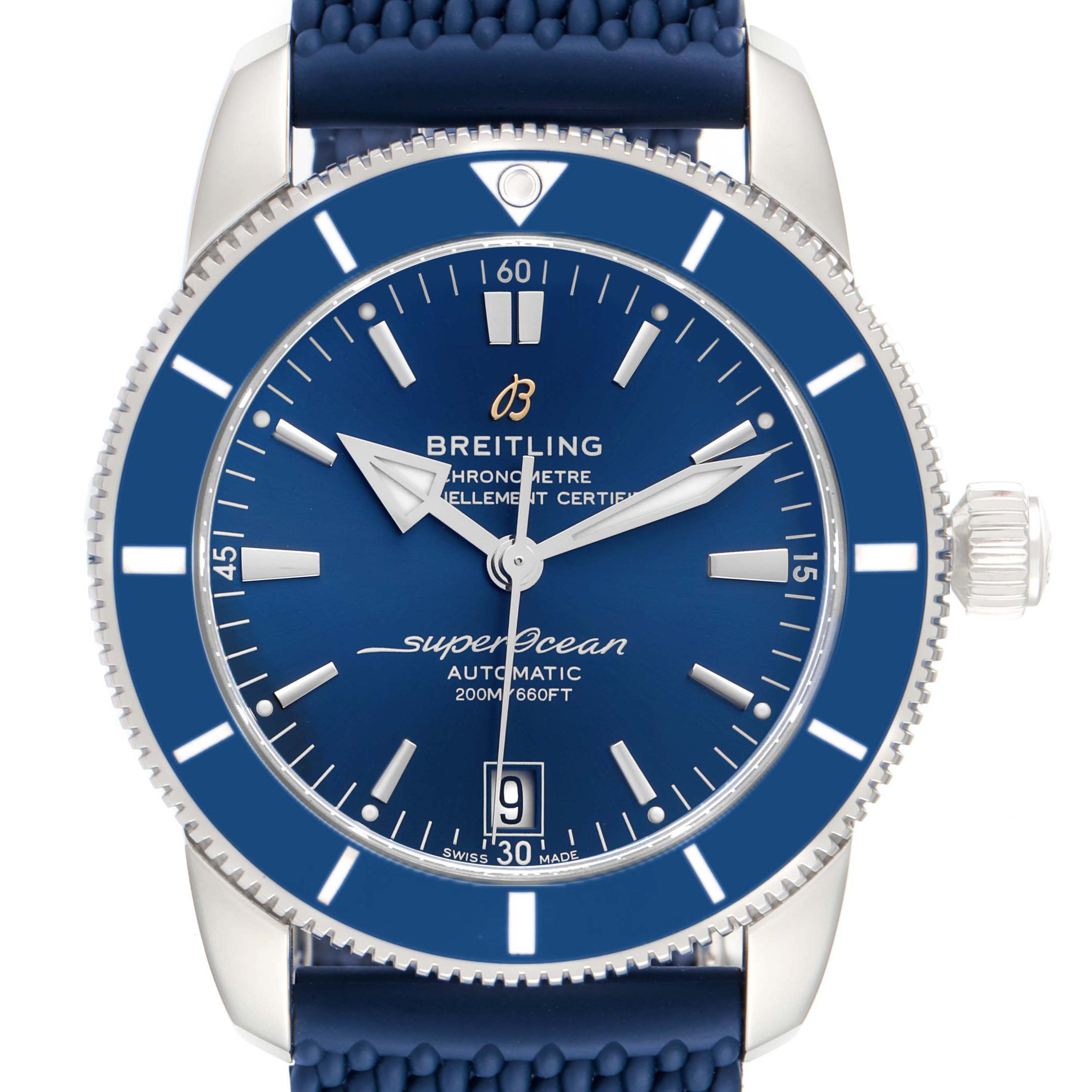 This Breitling Superocean A17321 Men's Stainless Steel Blue Dial A17321 Men's Stainless Steel Blue Dial watch is shown from a front view, displaying the dial, bezel, hands, and crown.