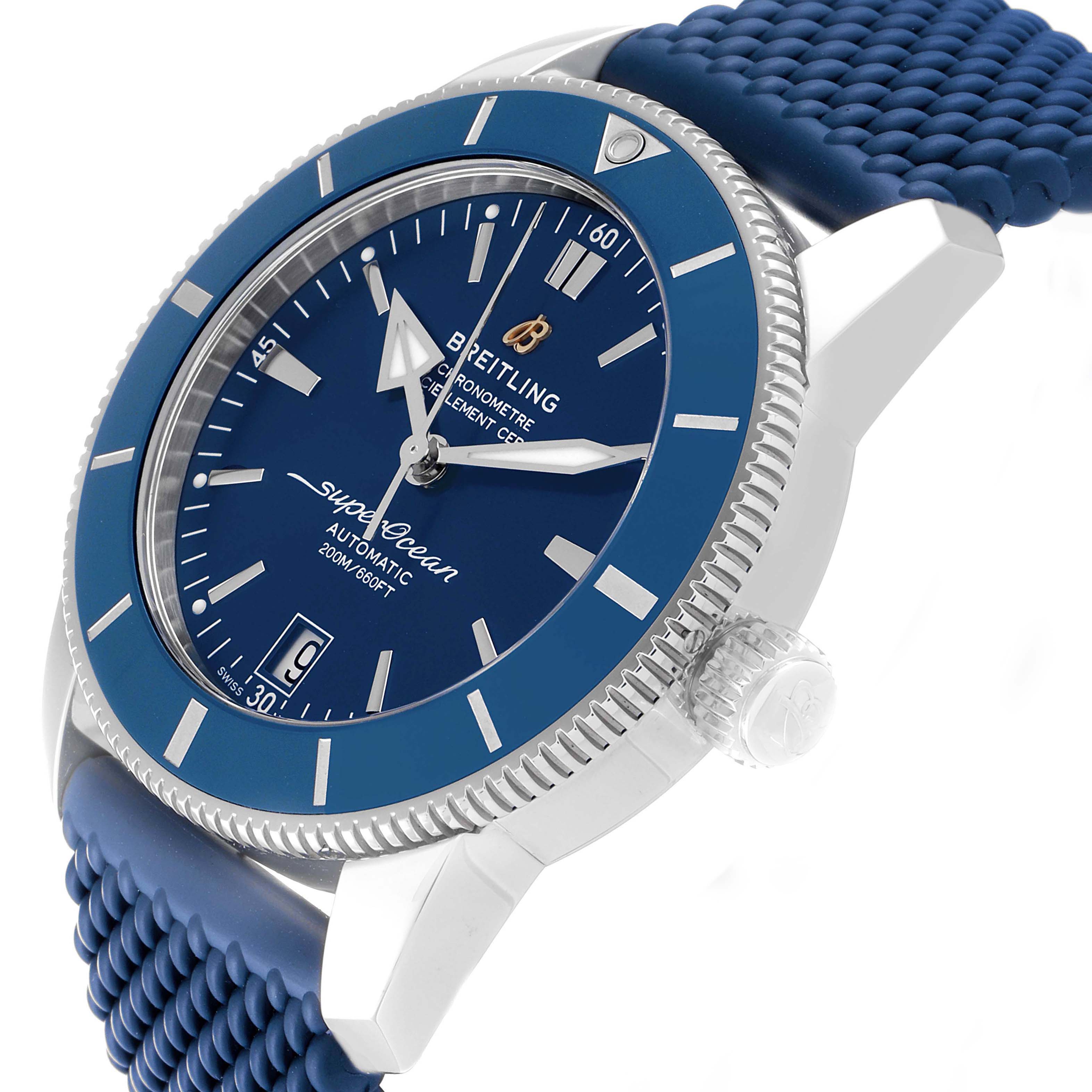 The image shows a side-angle view of the Breitling Superocean A17321 Men's Stainless Steel Blue Dial A17321 Men's Stainless Steel Blue Dial watch, highlighting the blue dial, bezel, and braided strap.