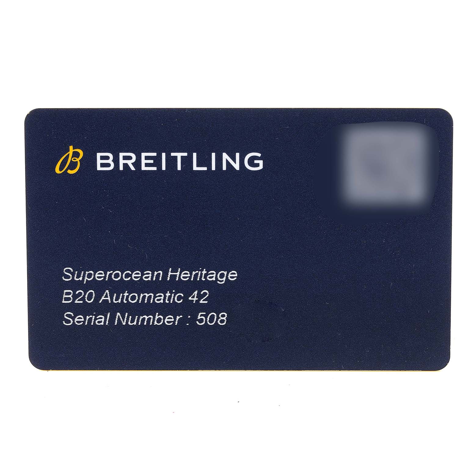 This image shows the warranty card for a Breitling Superocean A17321 Men's Stainless Steel Blue Dial A17321 Men's Stainless Steel Blue Dial Heritage B20 Automatic 42 with Serial Number 508.