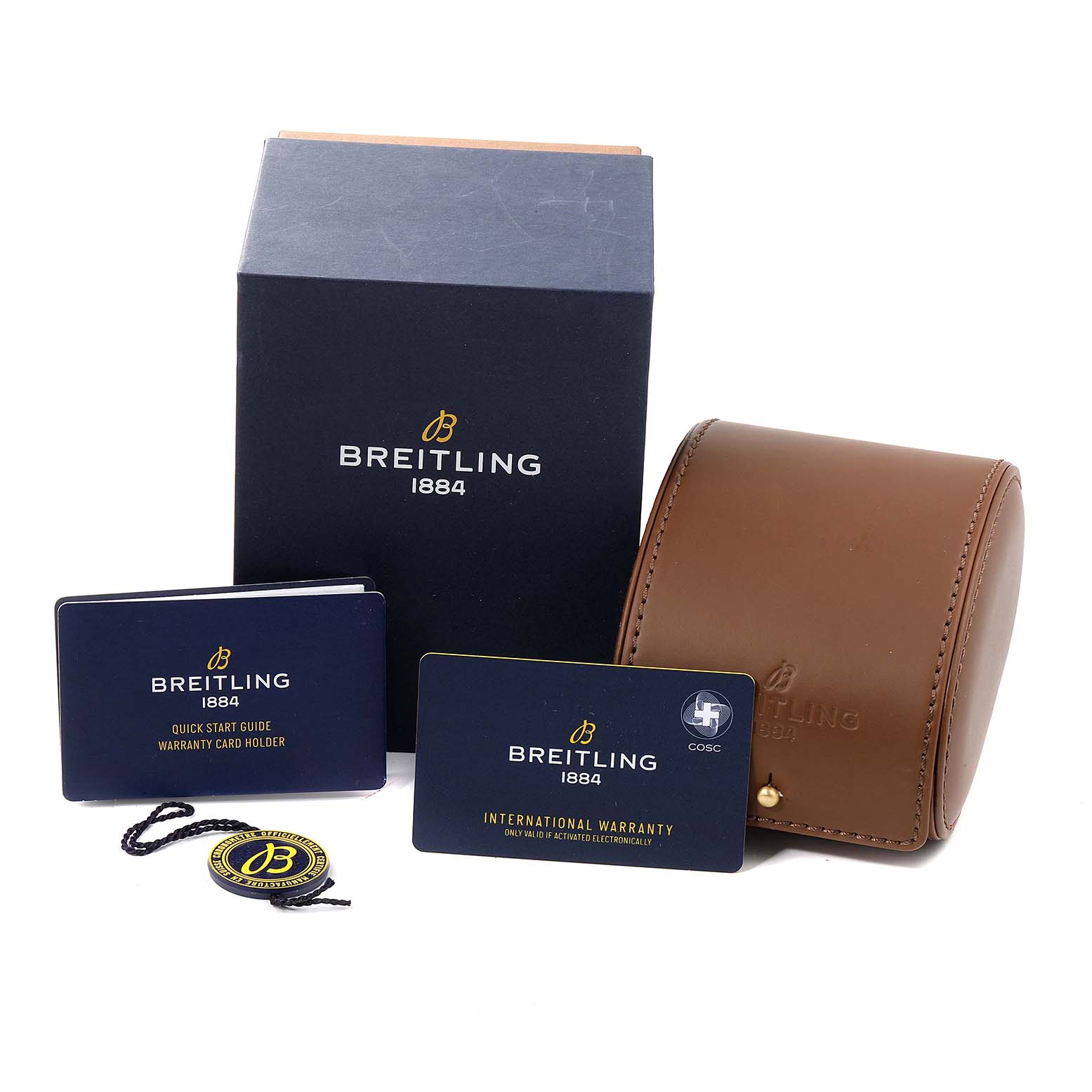 This image shows the Breitling Superocean A17321 Men's Stainless Steel Blue Dial A17321 Men's Stainless Steel Blue Dial watch packaging, including the box, warranty card, quick start guide, and leather case.
