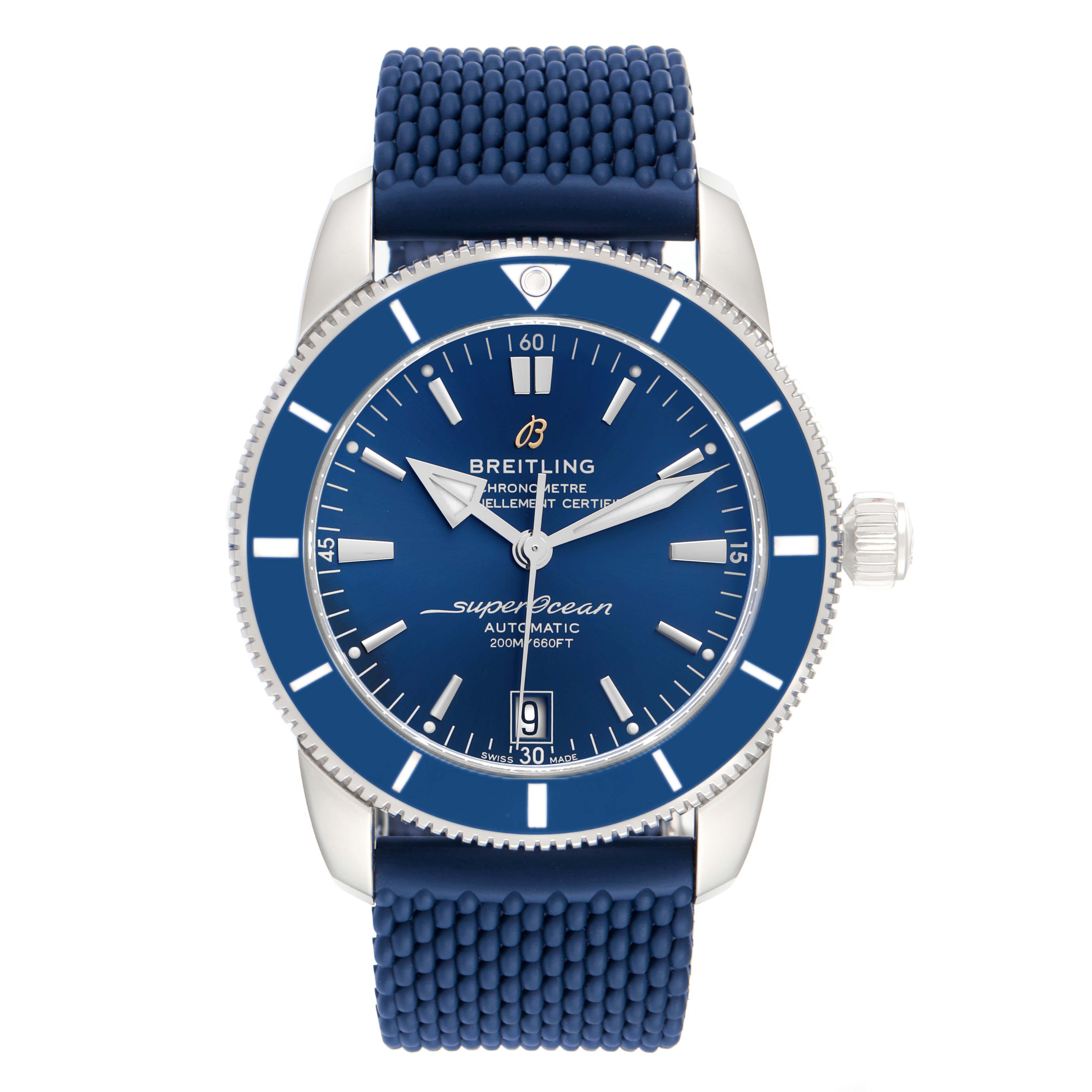 The image shows a front view of a Breitling Superocean A17321 Men's Stainless Steel Blue Dial A17321 Men's Stainless Steel Blue Dial watch with a blue dial and blue textured strap.
