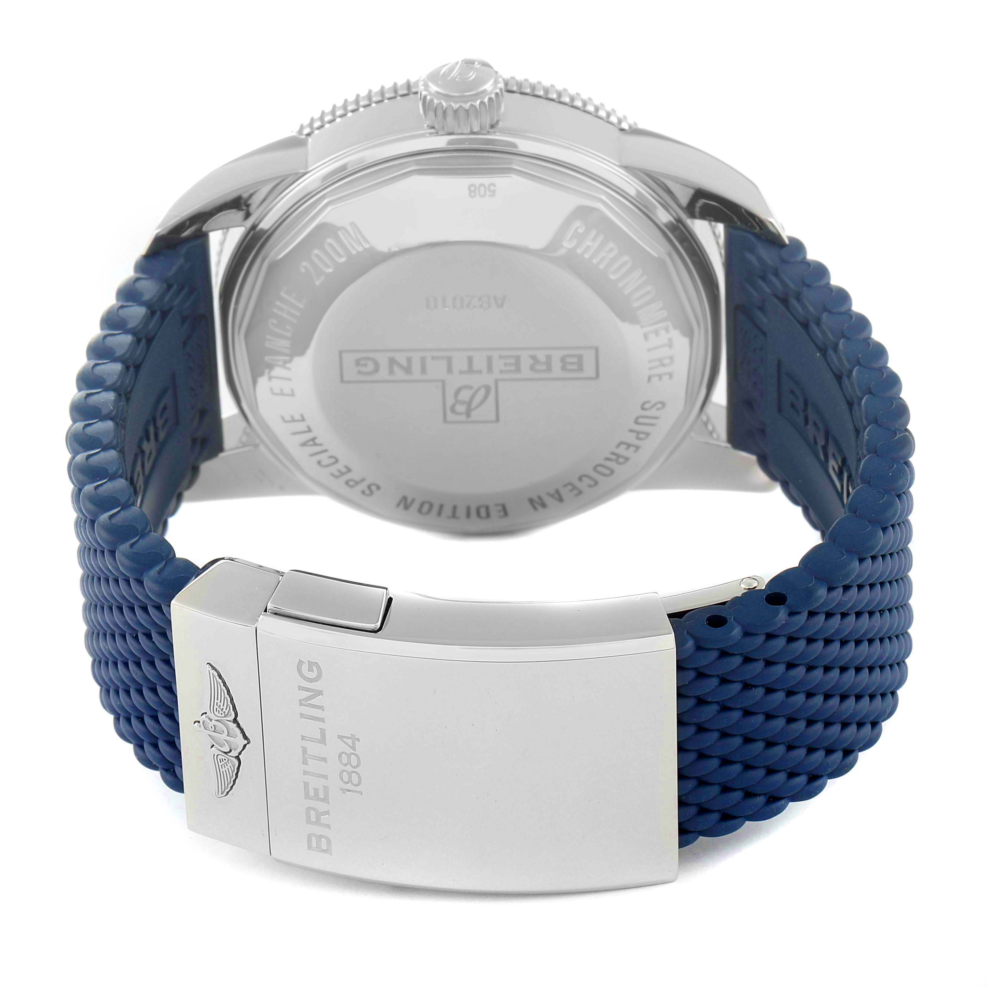 The image shows the back view of a Breitling Superocean A17321 Men's Stainless Steel Blue Dial A17321 Men's Stainless Steel Blue Dial watch, highlighting its case back and clasp on the blue strap.