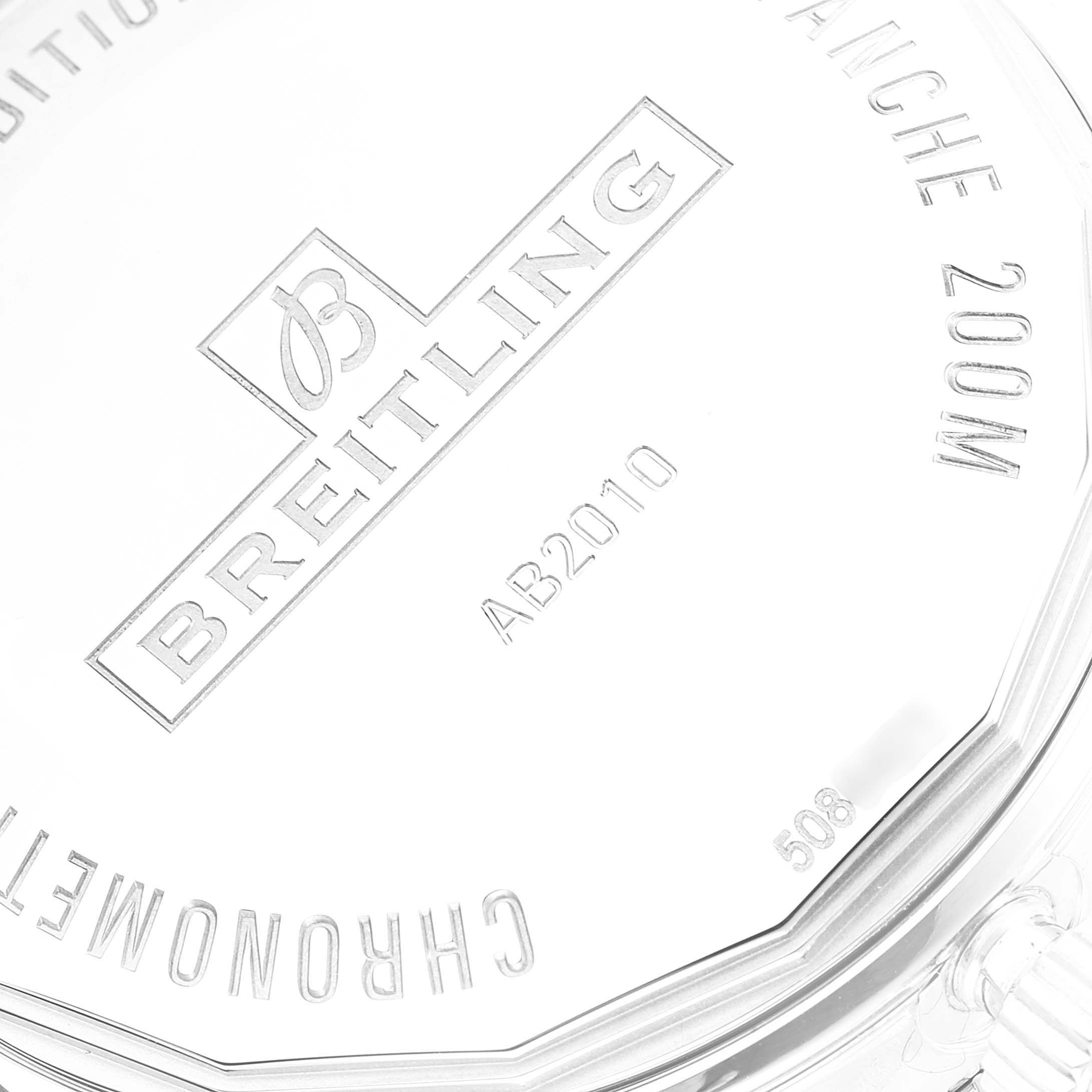 The image shows the case back of a Breitling Superocean A17321 Men's Stainless Steel Blue Dial A17321 Men's Stainless Steel Blue Dial AB2010 watch from a straight-on angle.