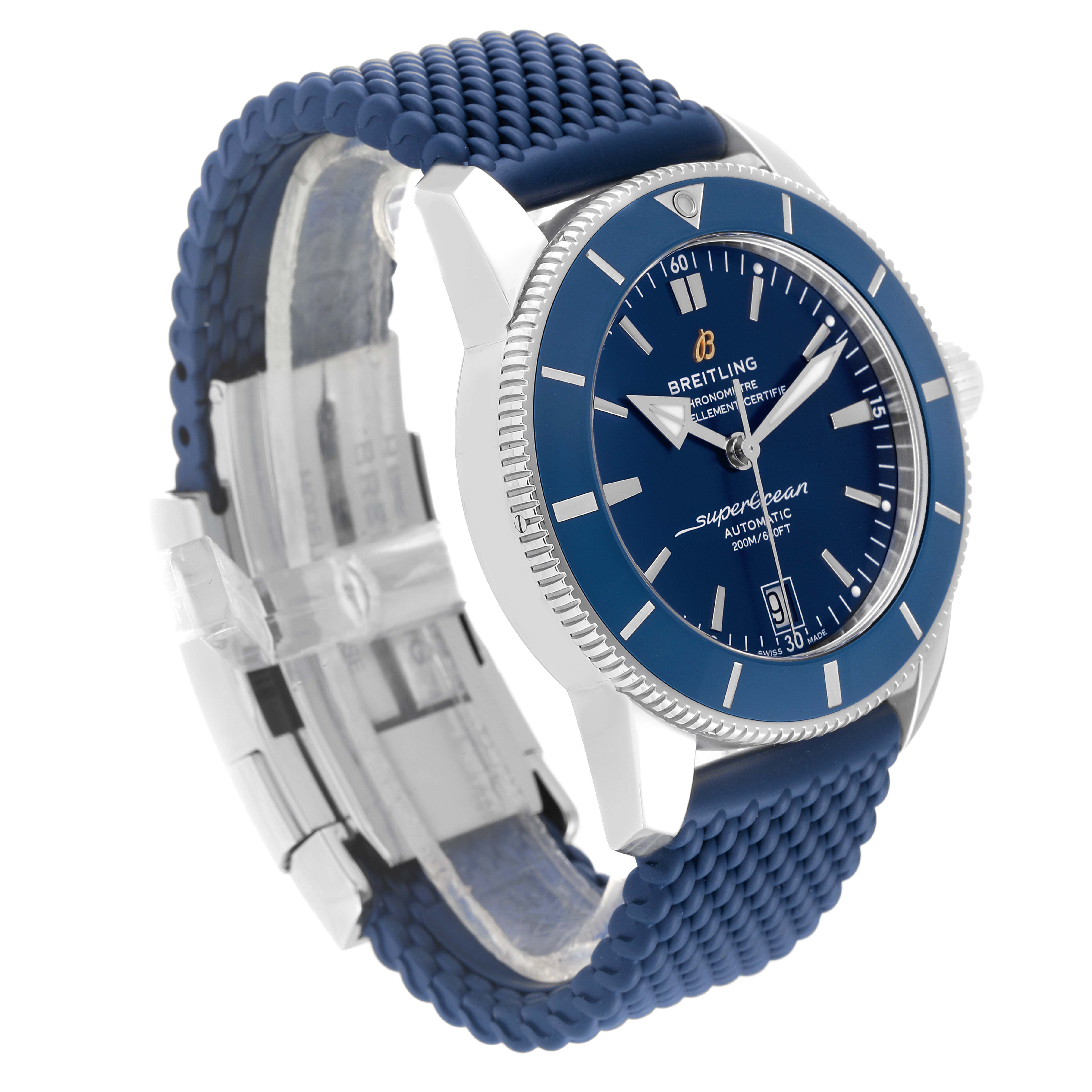 The image shows a Breitling Superocean A17321 Men's Stainless Steel Blue Dial A17321 Men's Stainless Steel Blue Dial watch at a three-quarter angle, highlighting the blue dial, bezel, and strap.