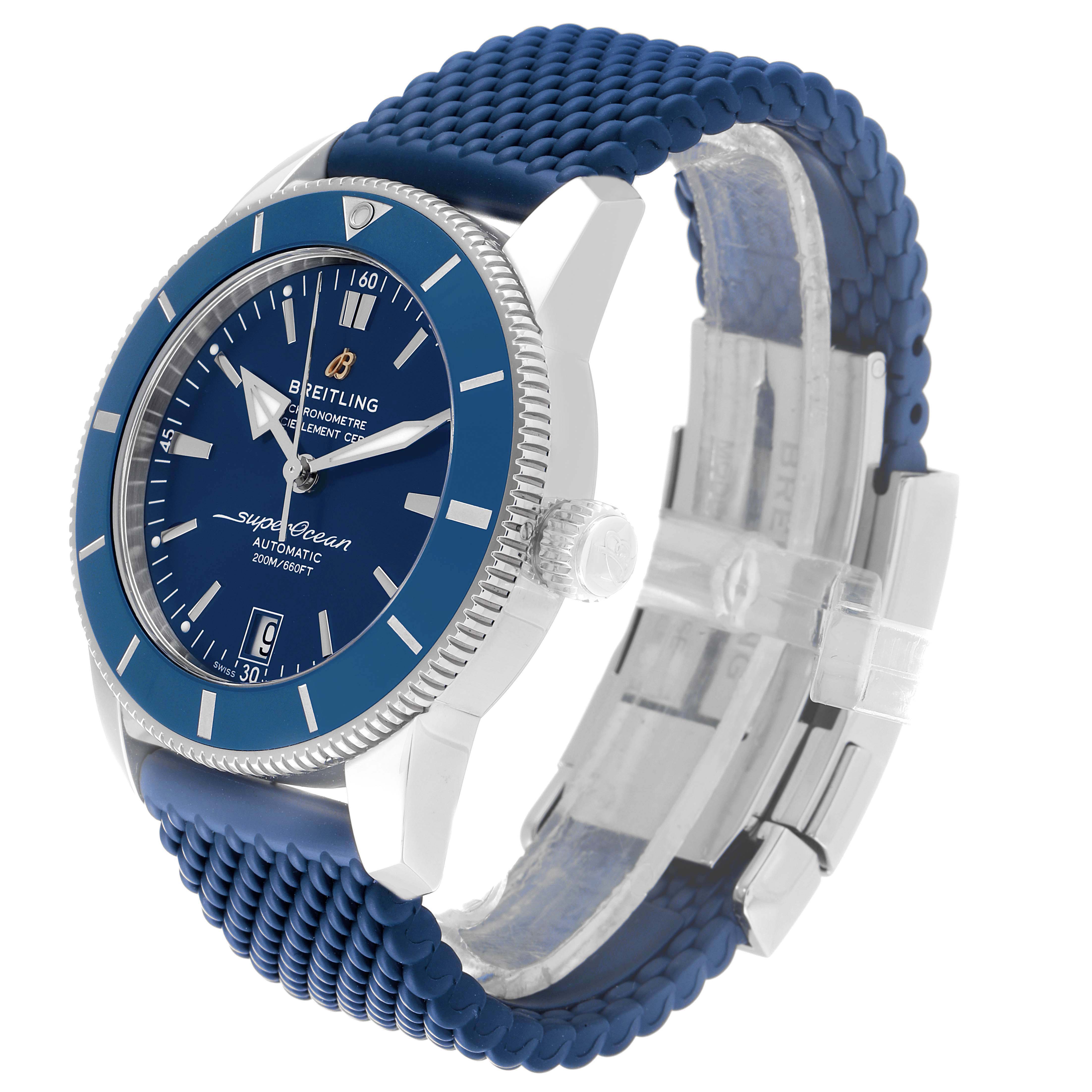 The image shows a diagonal front and side view of a Breitling Superocean A17321 Men's Stainless Steel Blue Dial A17321 Men's Stainless Steel Blue Dial watch, highlighting its blue dial and strap.