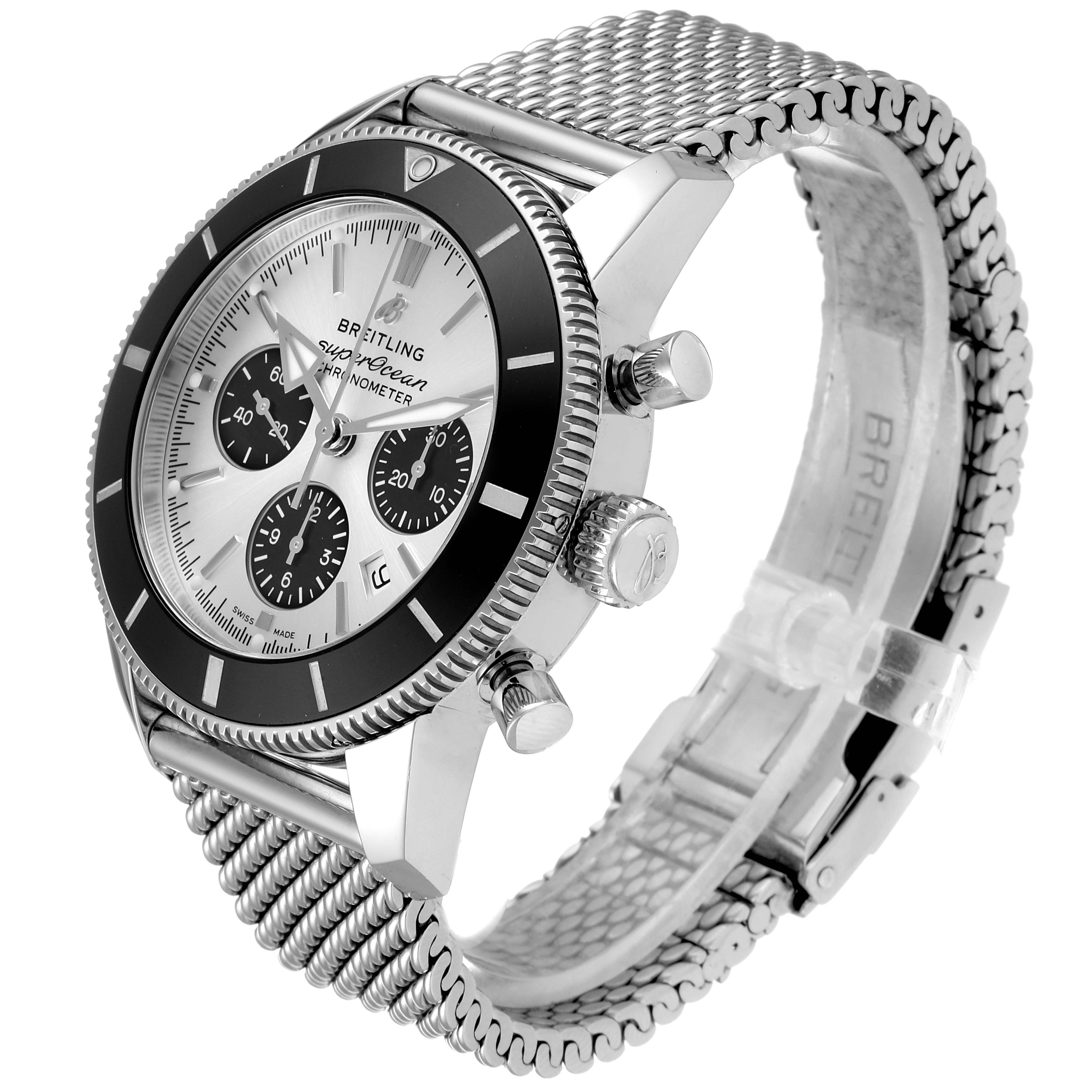The Breitling Superocean AB016212/G840/154A Men
s Stainless Steel Silver Dial AB016212/G840/154A Men
s Stainless Steel Silver Dial watch is shown at a 3/4 angle, displaying its dial, bezel, crown, pushers, and metal mesh bracelet.