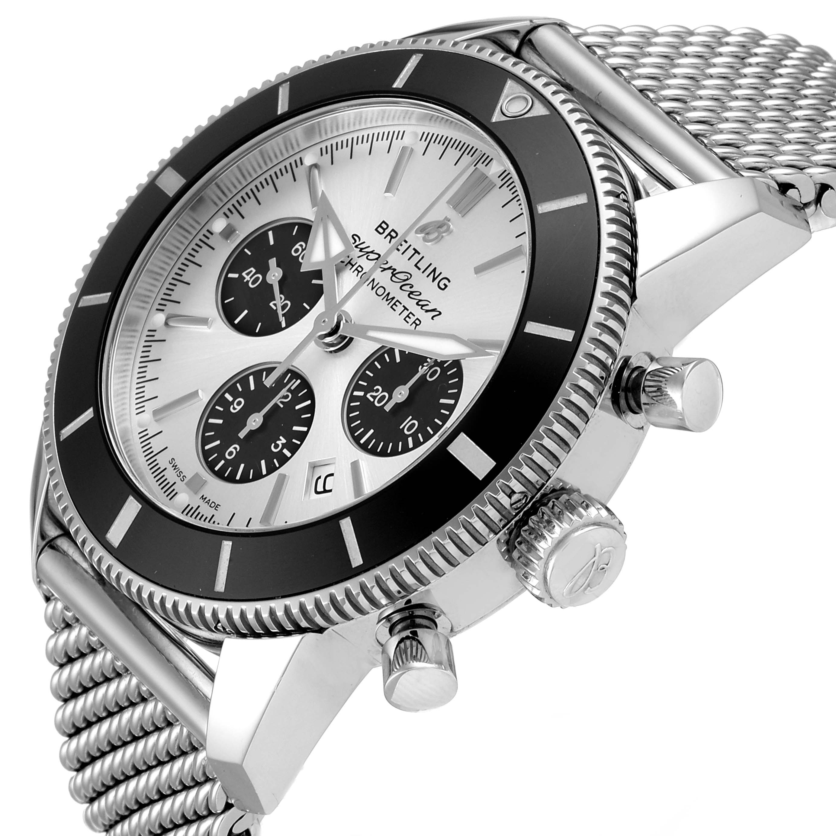 The Breitling Superocean AB016212/G840/154A Men
s Stainless Steel Silver Dial AB016212/G840/154A Men
s Stainless Steel Silver Dial watch is shown at an angled side view, highlighting its face, bezel, crown, pushers, and braided bracelet.