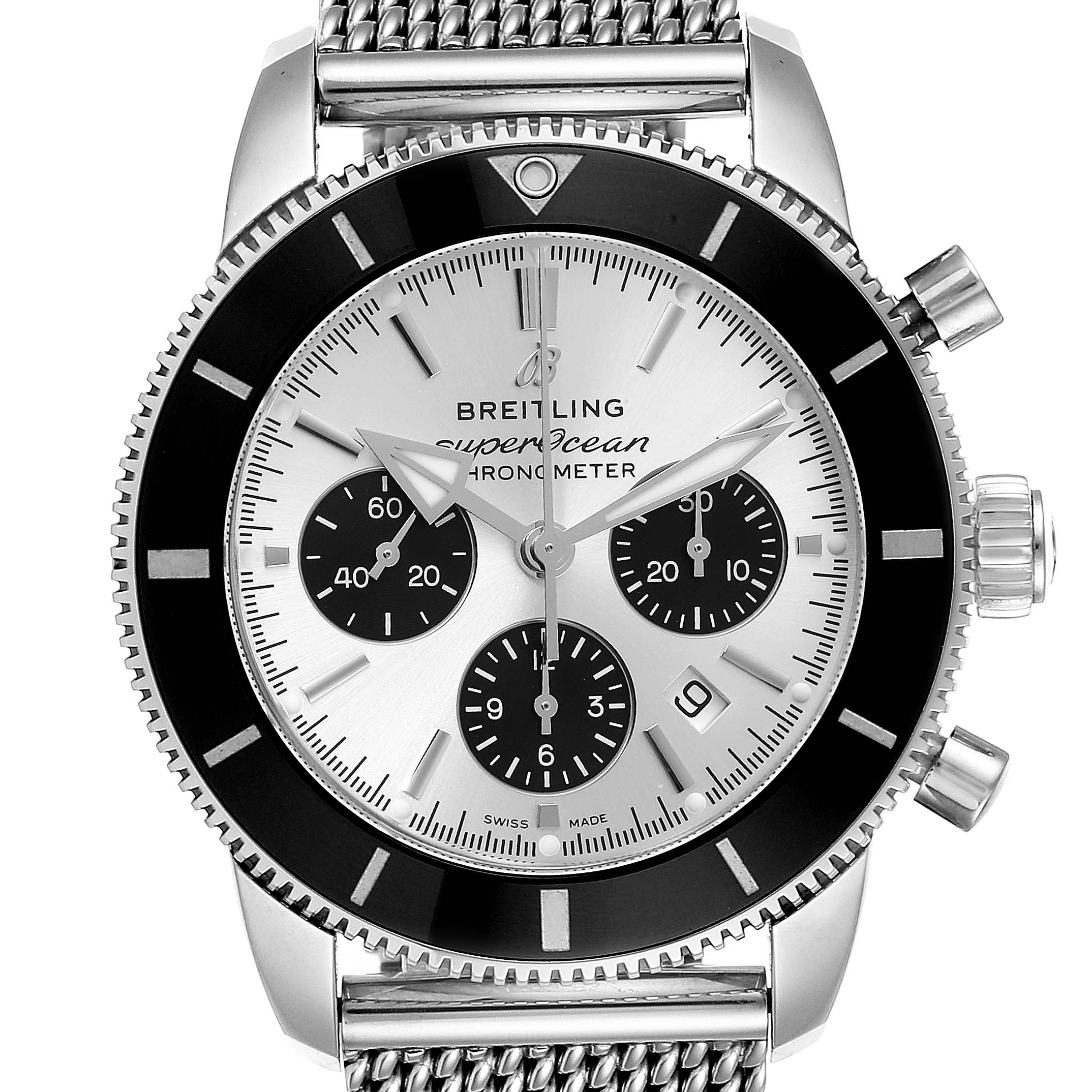 The image shows a front view of the Breitling Superocean AB016212/G840/154A Men
s Stainless Steel Silver Dial AB016212/G840/154A Men
s Stainless Steel Silver Dial watch, highlighting the dial, bezel, and mesh bracelet.