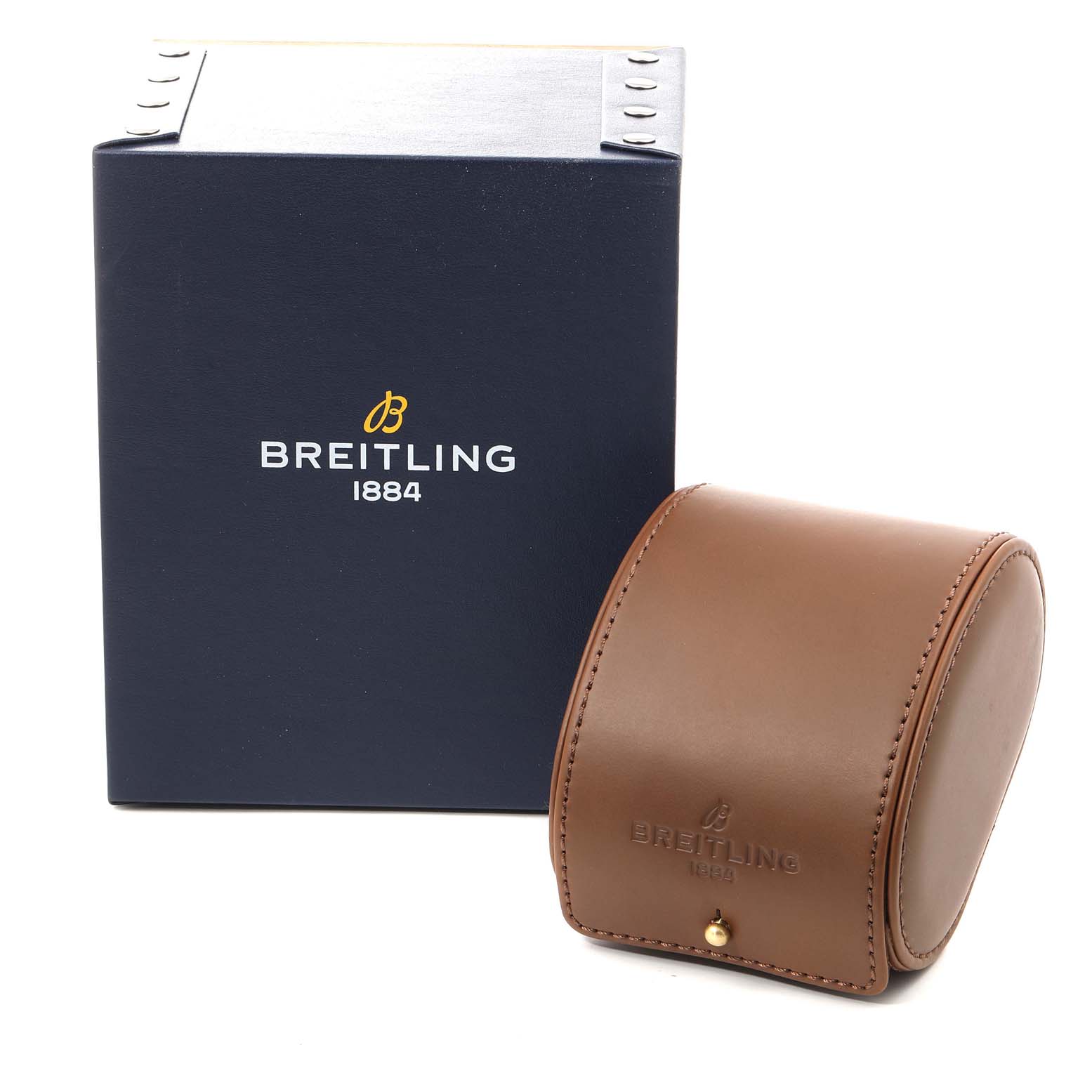 The image shows the packaging box and leather travel case for a Breitling Superocean AB016212/G840/154A Men
s Stainless Steel Silver Dial AB016212/G840/154A Men
s Stainless Steel Silver Dial watch.