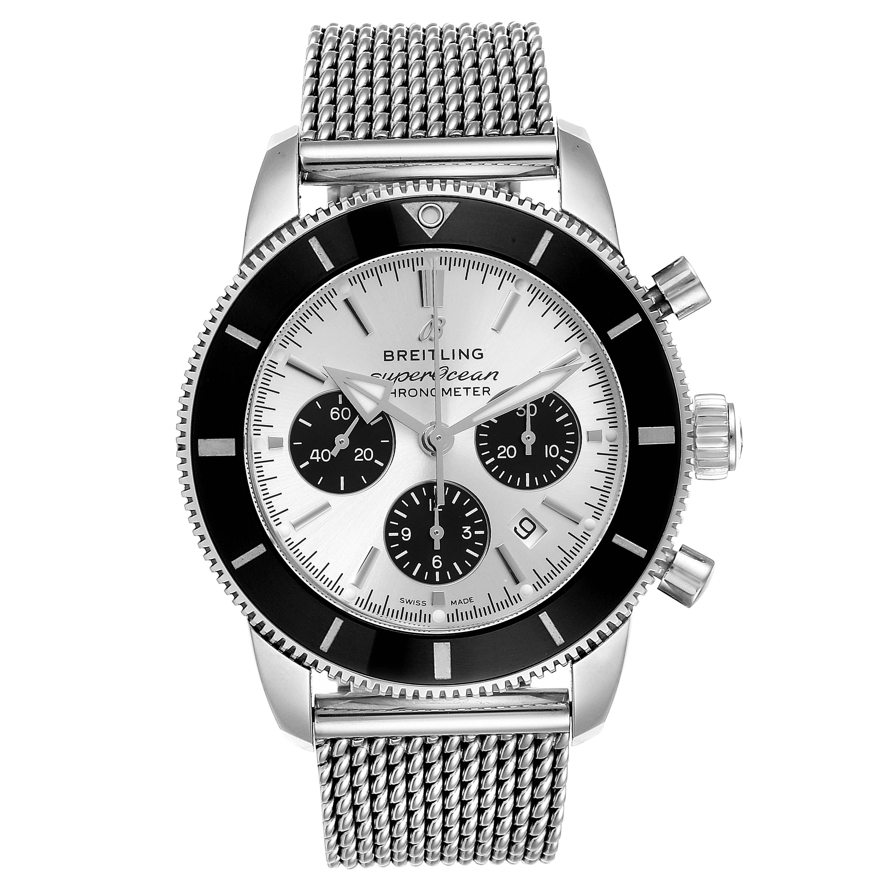 The Breitling Superocean AB016212/G840/154A Men
s Stainless Steel Silver Dial AB016212/G840/154A Men
s Stainless Steel Silver Dial model watch is shown from a front angle, featuring its face, bezel, and stainless steel mesh band.