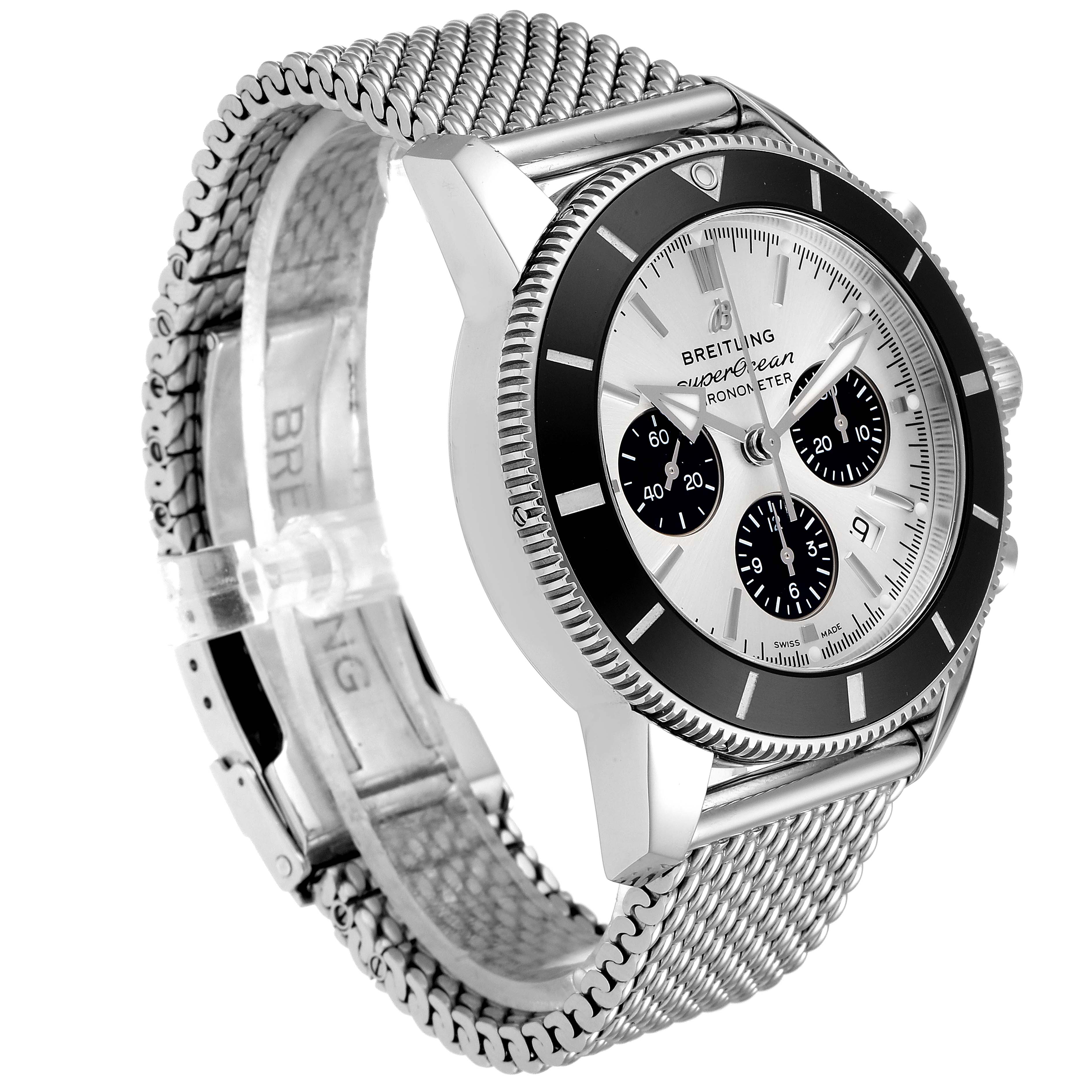 The Breitling Superocean AB016212/G840/154A Men
s Stainless Steel Silver Dial AB016212/G840/154A Men
s Stainless Steel Silver Dial watch is shown at a three-quarter angle, highlighting its mesh band, bezel, and dial with three sub-dials.