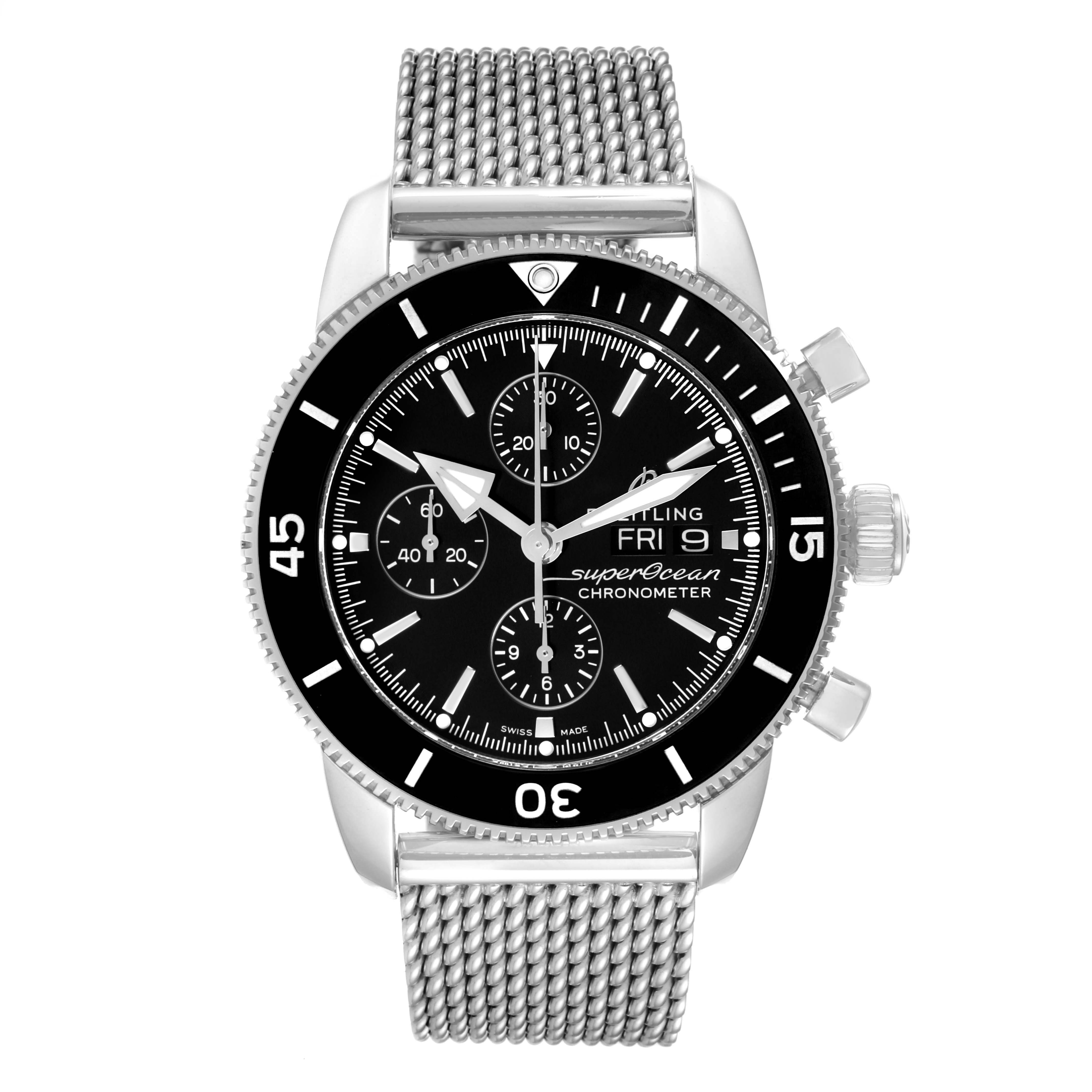 The image shows a front view of the Breitling Superocean A13320 Men's Stainless Steel Black Dial A13320 Men's Stainless Steel Black Dial watch, highlighting its dial, bezel, mesh bracelet, and side crown.