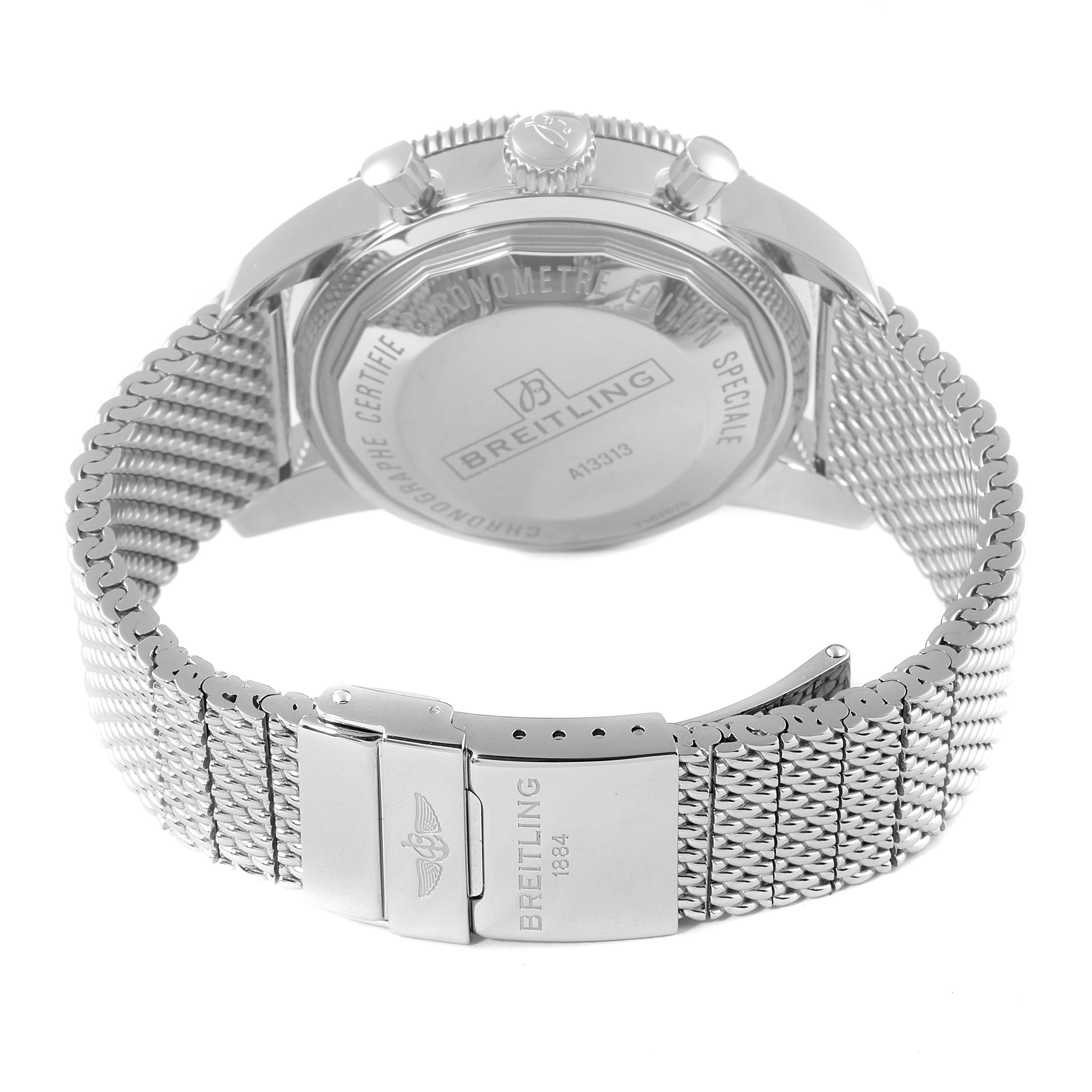 The image shows the back view of a Breitling Superocean A13320 Men's Stainless Steel Black Dial A13320 Men's Stainless Steel Black Dial watch, highlighting its case back, mesh bracelet, and clasp.