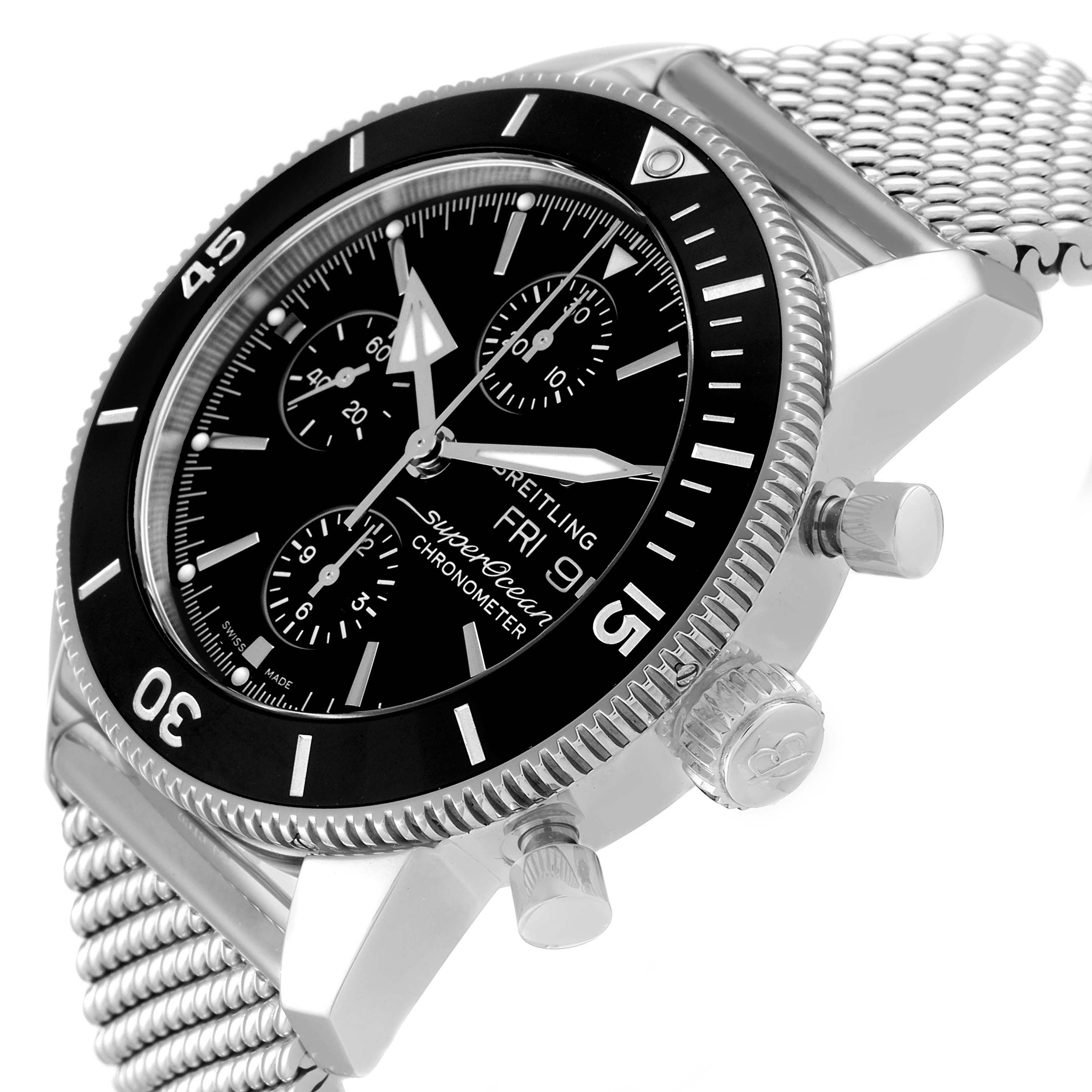 This image displays the Breitling Superocean A13320 Men's Stainless Steel Black Dial A13320 Men's Stainless Steel Black Dial watch at an angle that highlights its face, bezel, and crown, along with parts of the bracelet.