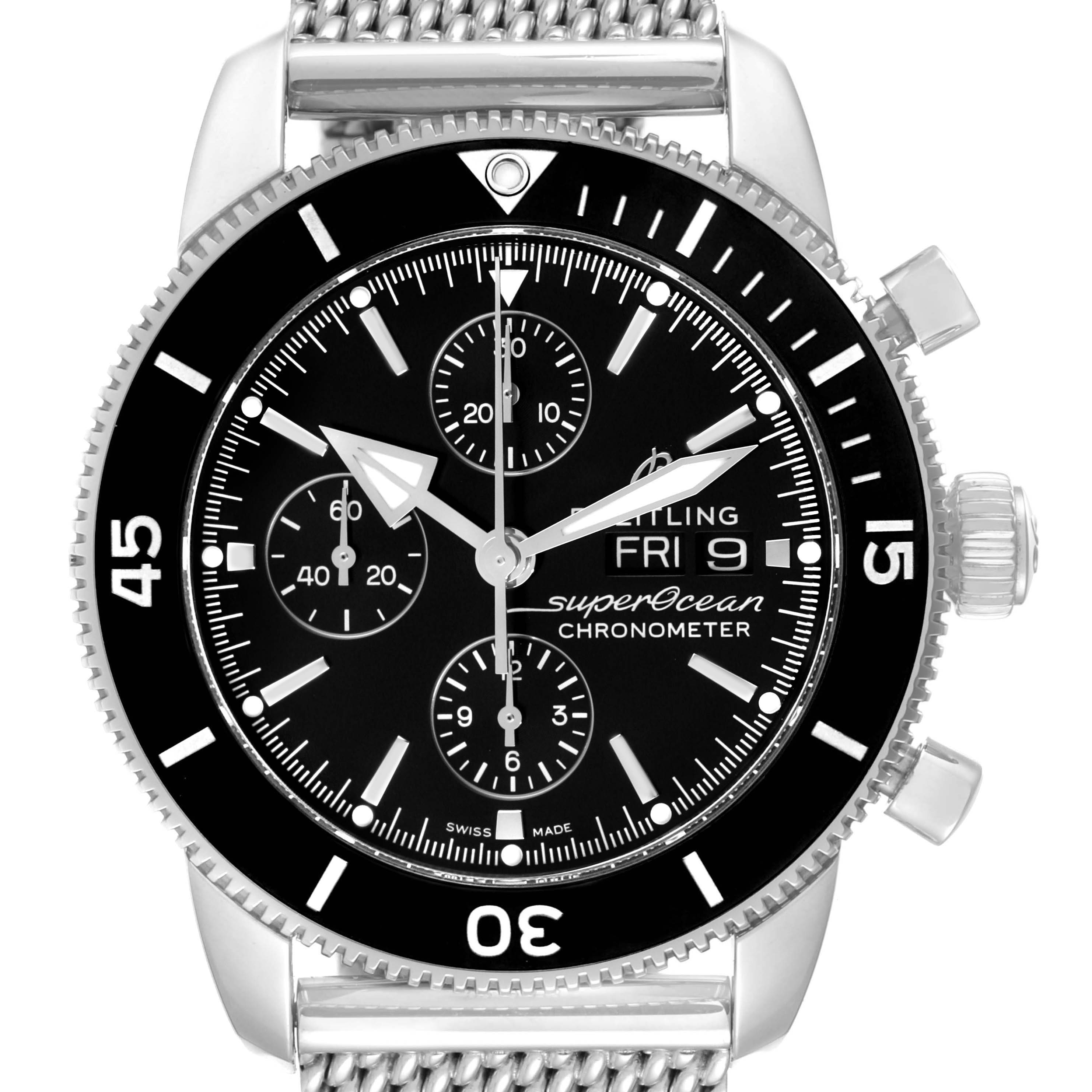 The image shows a front view of a Breitling Superocean A13320 Men's Stainless Steel Black Dial A13320 Men's Stainless Steel Black Dial watch, highlighting the dial, bezel, and part of the bracelet.