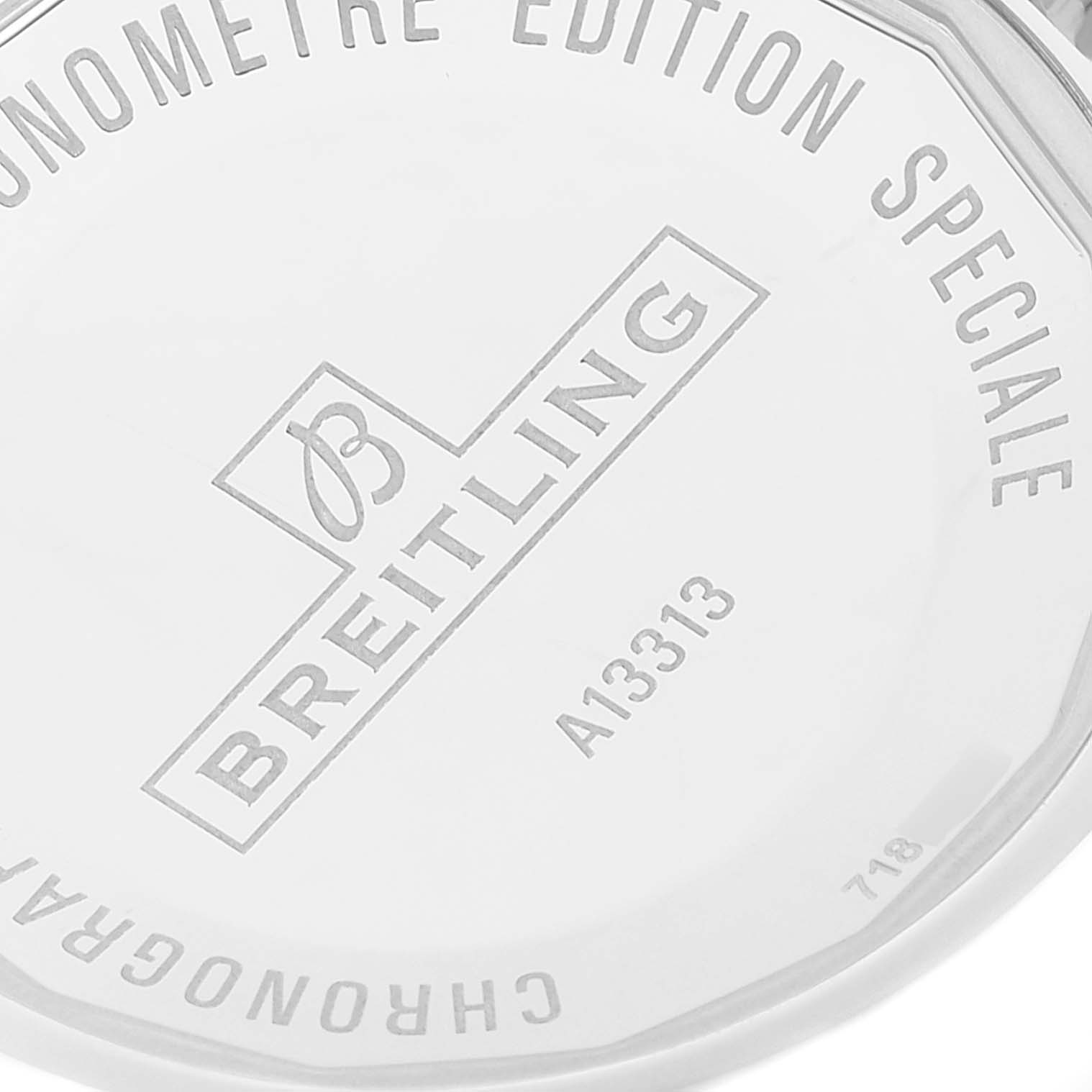 The image shows the back case of the Breitling Superocean A13320 Men's Stainless Steel Black Dial A13320 Men's Stainless Steel Black Dial watch with engraved text detailing "Chronomètre Edition Speciale."