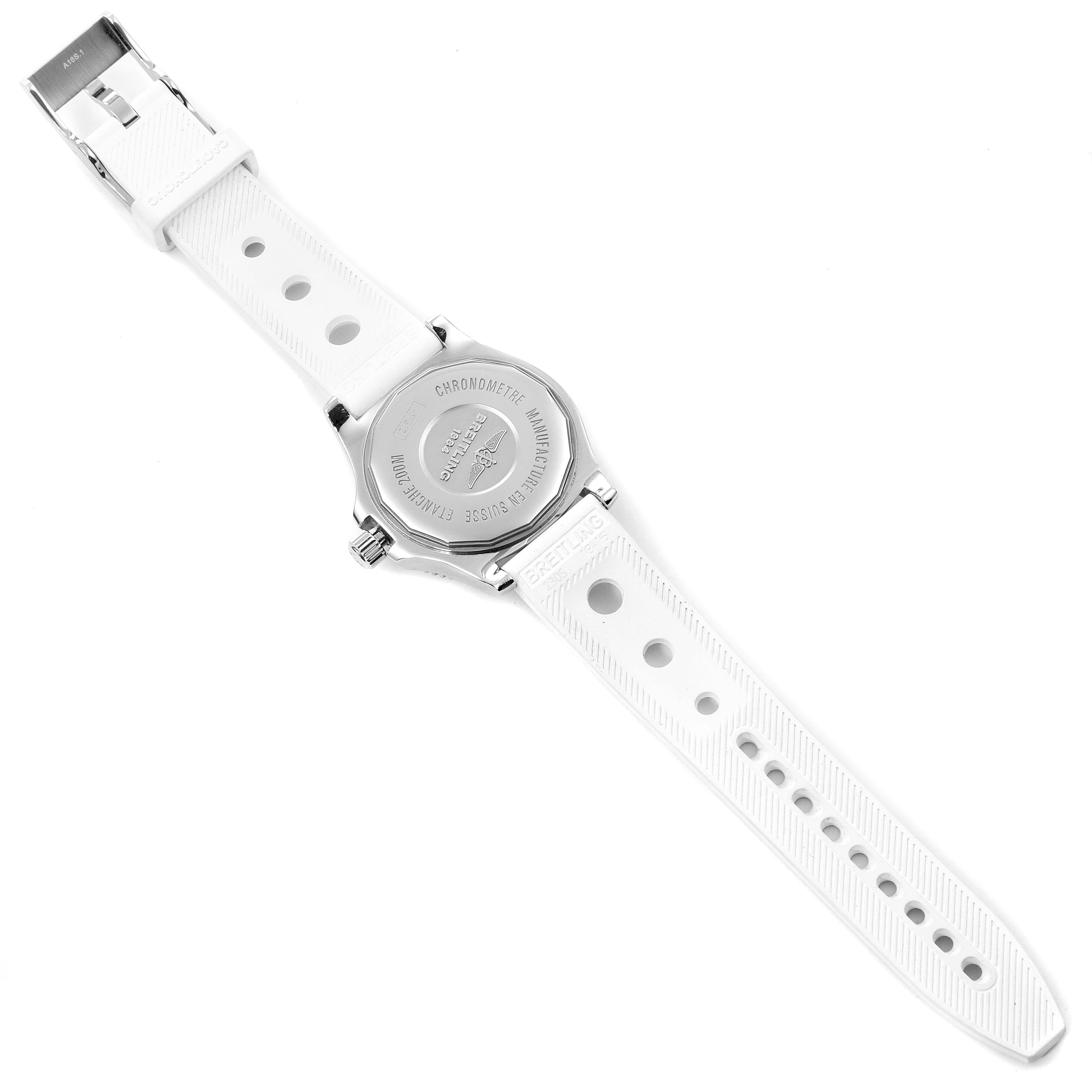 The image shows the back view of the Breitling A17312 Women's Stainless Steel White Dial A17312 Women's Stainless Steel White Dial Superocean II 36 Hurricane White Dial Ladies Watch A17312, highlighting the case back and white strap.