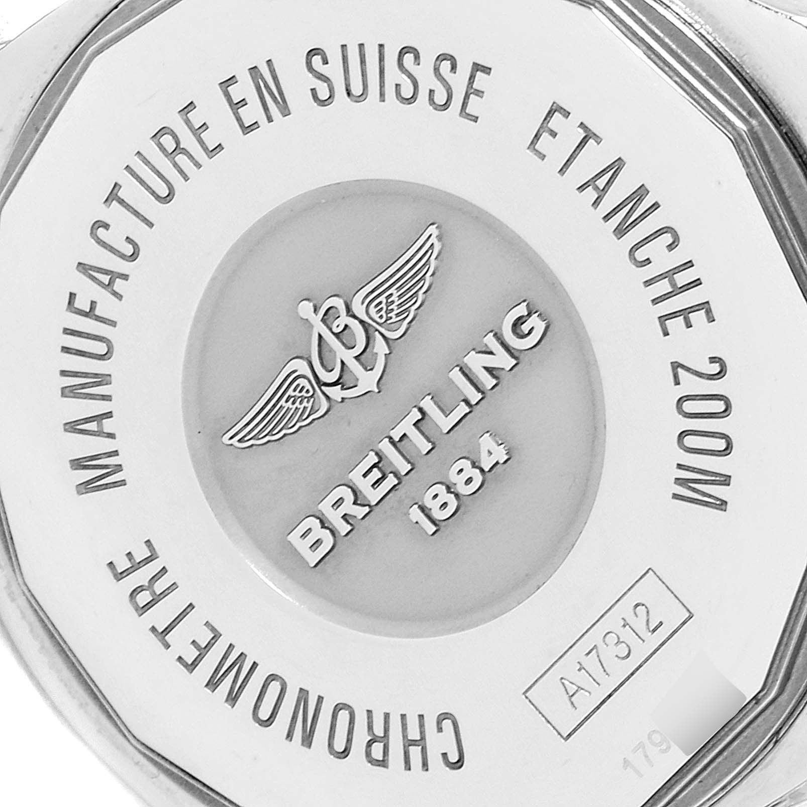 This image shows the back case of the Breitling A17312 Women's Stainless Steel White Dial A17312 Women's Stainless Steel White Dial Superocean II 36 Hurricane White Dial Ladies Watch A17312 model.