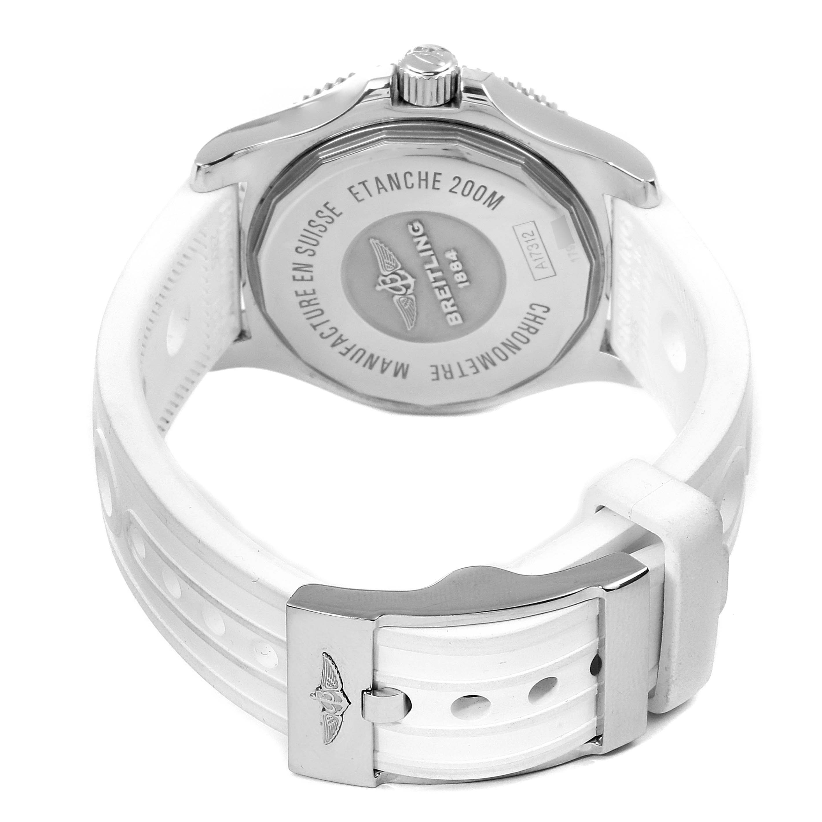 The image shows the back and clasp of the Breitling A17312 Women's Stainless Steel White Dial A17312 Women's Stainless Steel White Dial Superocean II 36 Hurricane White Dial Ladies Watch A17312.