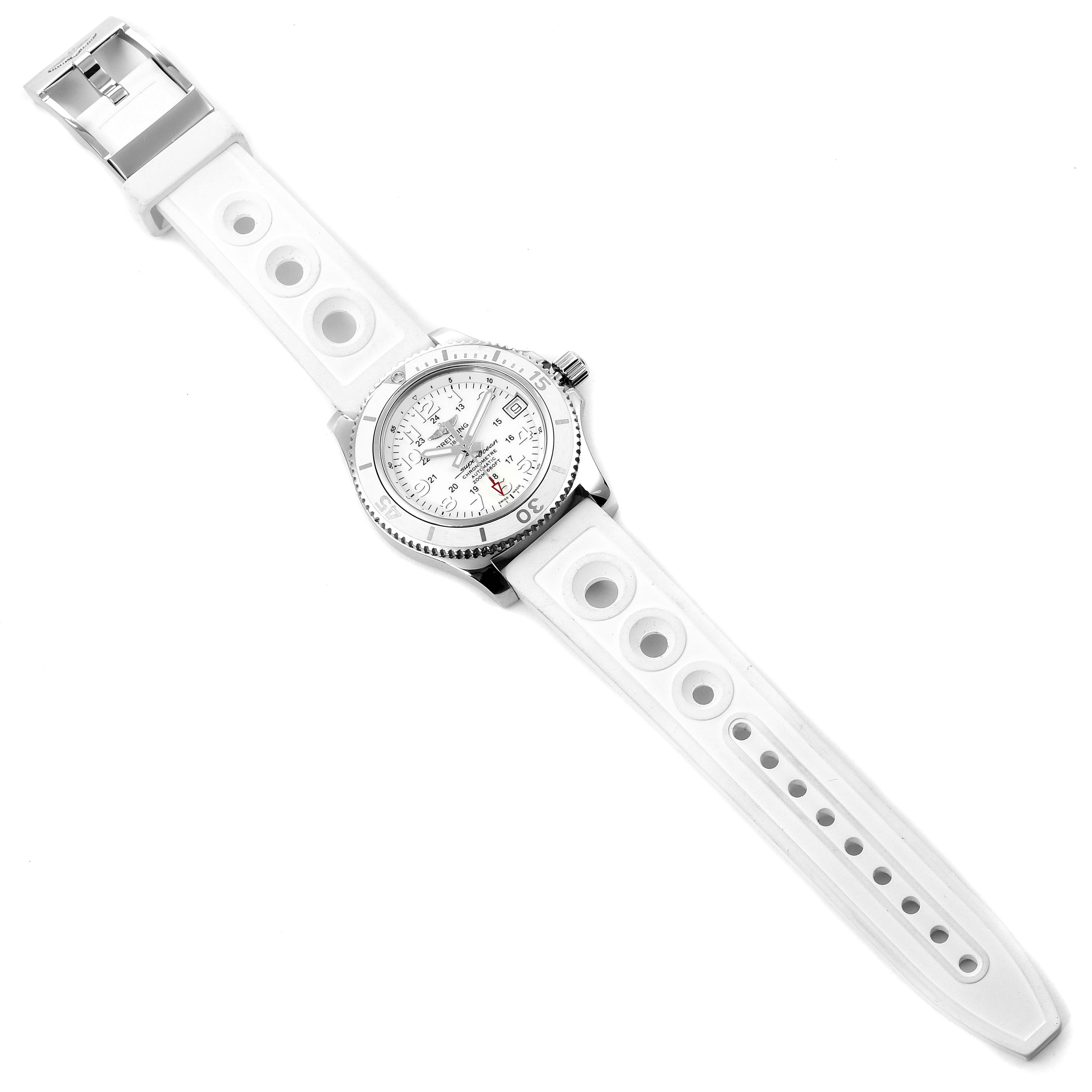 The Breitling A17312 Women's Stainless Steel White Dial A17312 Women's Stainless Steel White Dial Superocean II 36 Hurricane White Dial Ladies Watch A17312 is shown in a top-down angle, displaying the full strap and face.