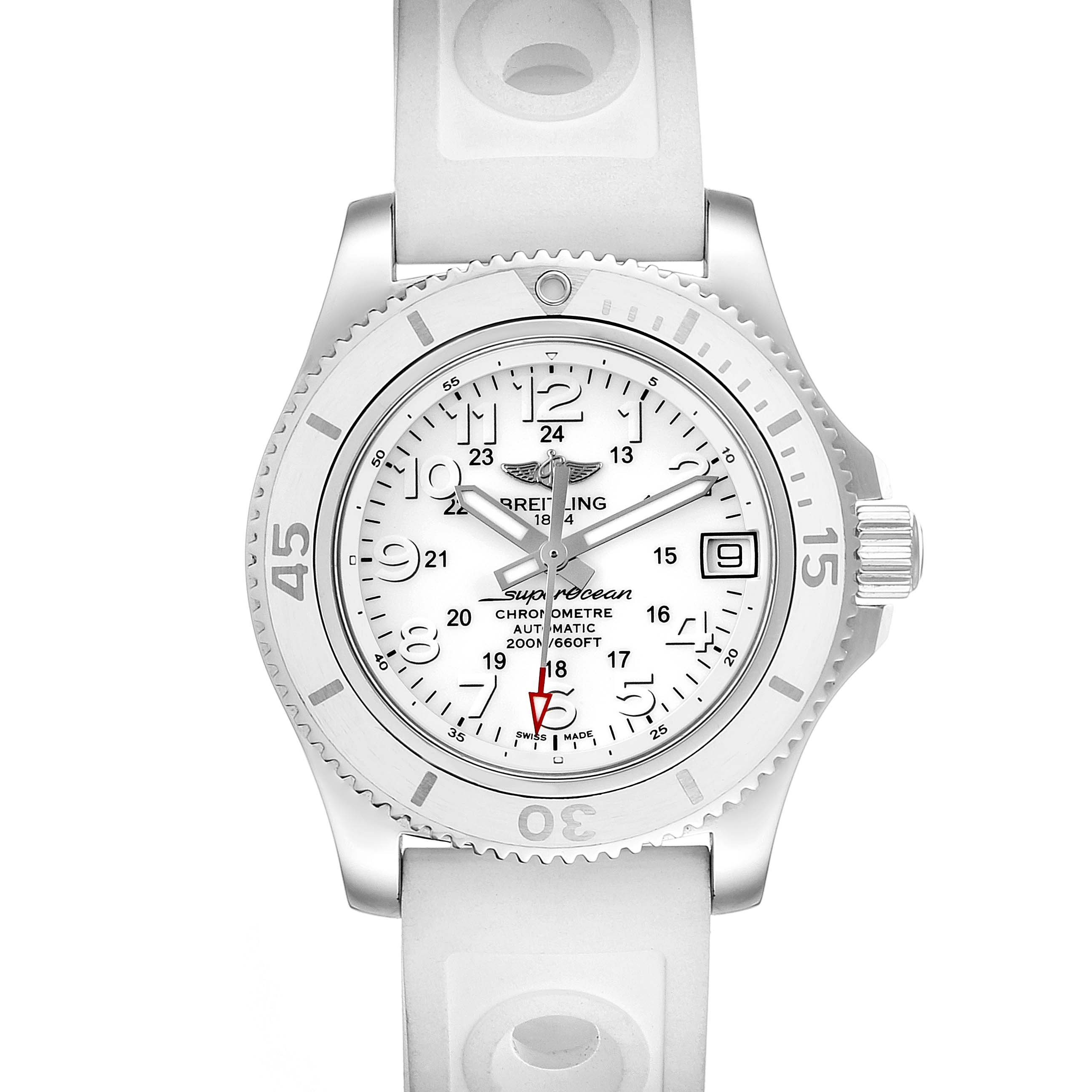 The image shows a front view of the Breitling A17312 Women's Stainless Steel White Dial A17312 Women's Stainless Steel White Dial Superocean II 36 Hurricane White Dial Ladies Watch A17312, displaying the dial, bezel, and strap.
